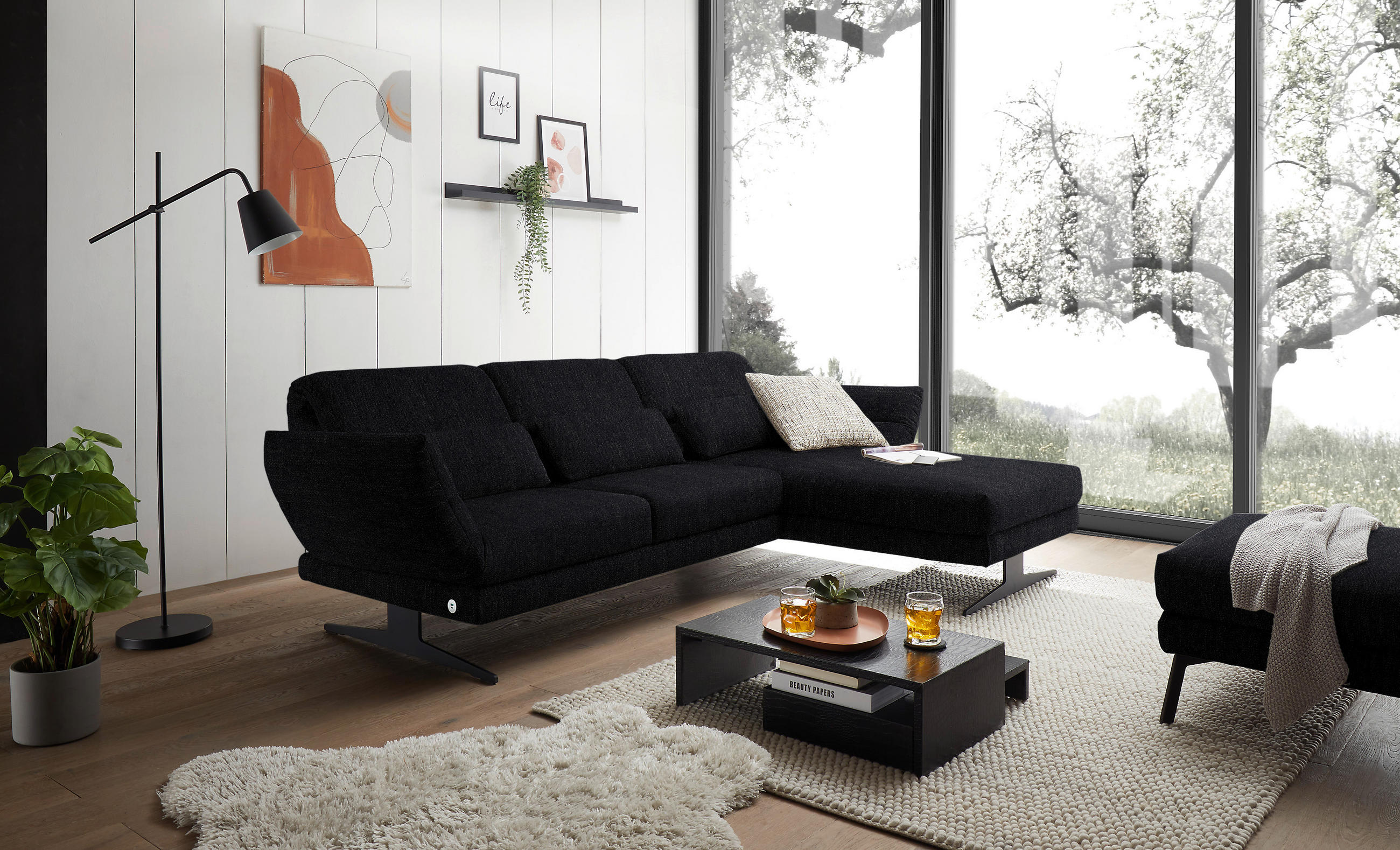 ECKSOFA in Flachgewebe Schwarz  - Schwarz, Design, Textil/Metall (279-327/176-217cm) - Dieter Knoll
