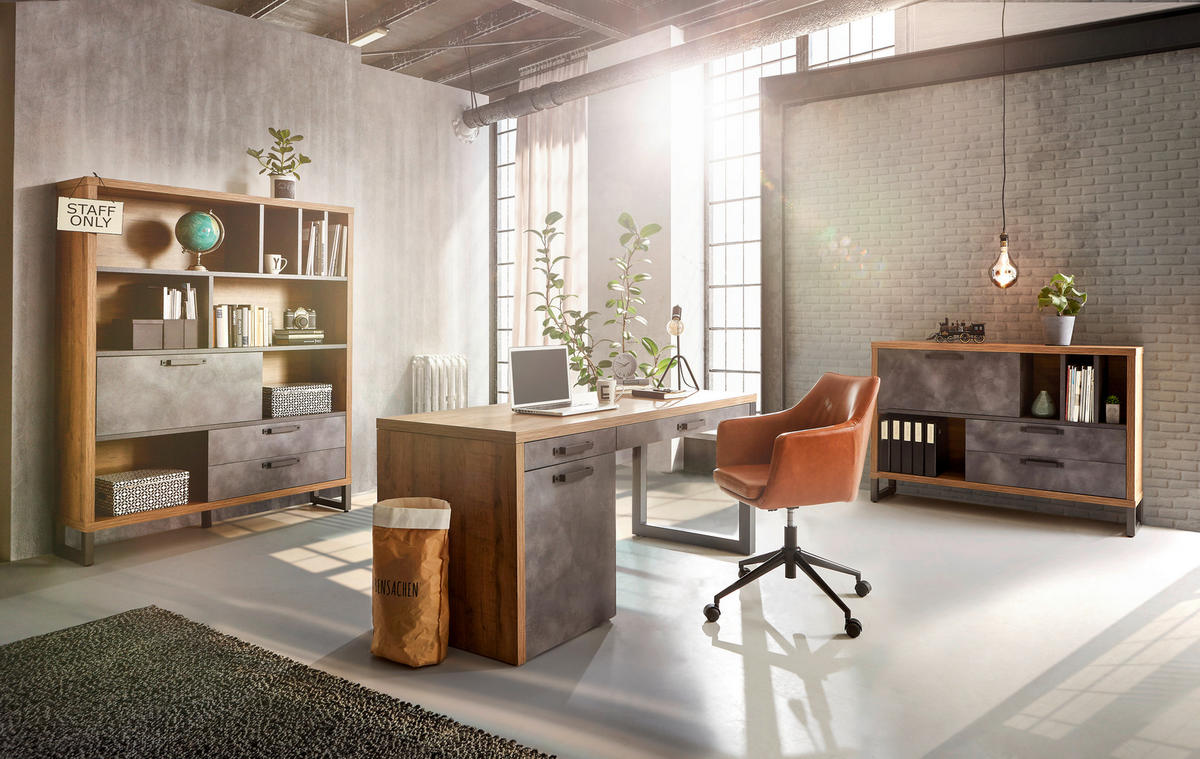 Birou in material pe bază de lemn  - culoare lemn stejar/gri, Trend, metal/material pe bază de lemn (170/69/76cm) - Stylife