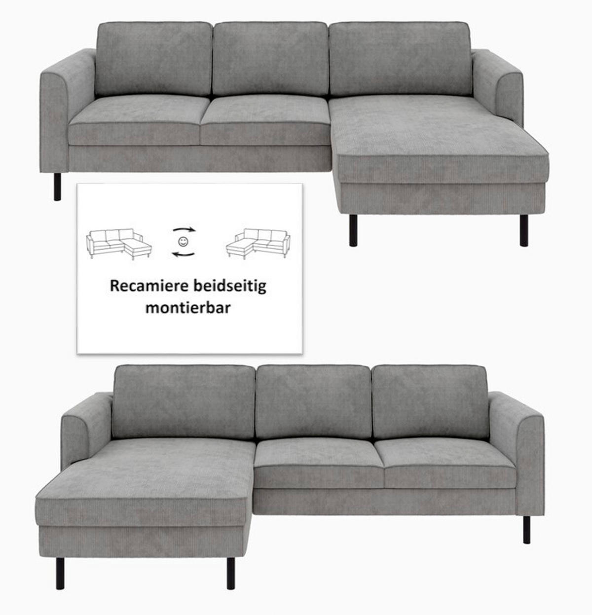 ECKSOFA  in Cord Dunkelgrau  232/161 cm  - Dunkelgrau/Schwarz, MODERN, Textil/Metall (232/161cm) - Trendmanufaktur