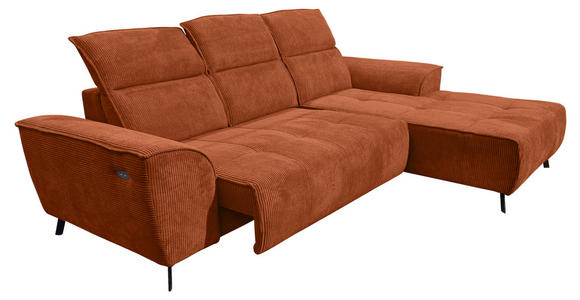 ECKSOFA Rostfarben Cord Rücken echt, Kopfteilverstellung, Sitzvorzug  - Rostfarben/Schwarz, KONVENTIONELL, Textil/Metall (290/196cm) - Carryhome