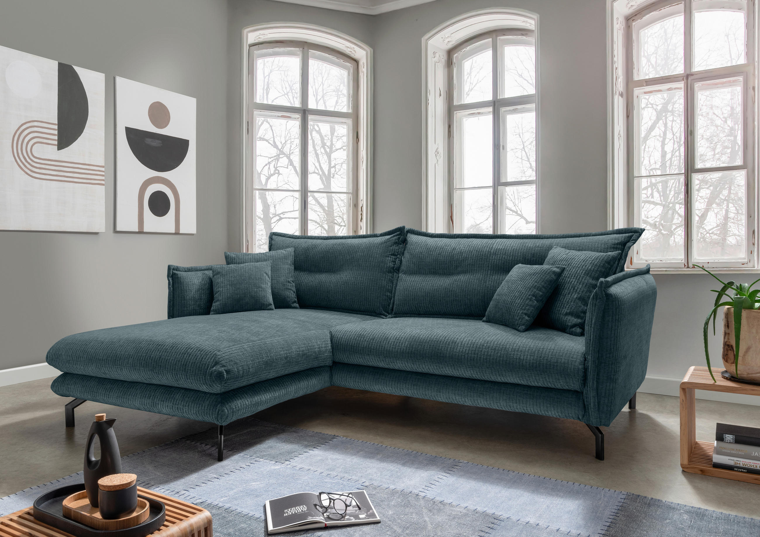 ECKSOFA Blau Velours  - Blau/Schwarz, Design, Textil/Metall (180/255cm) - Livetastic