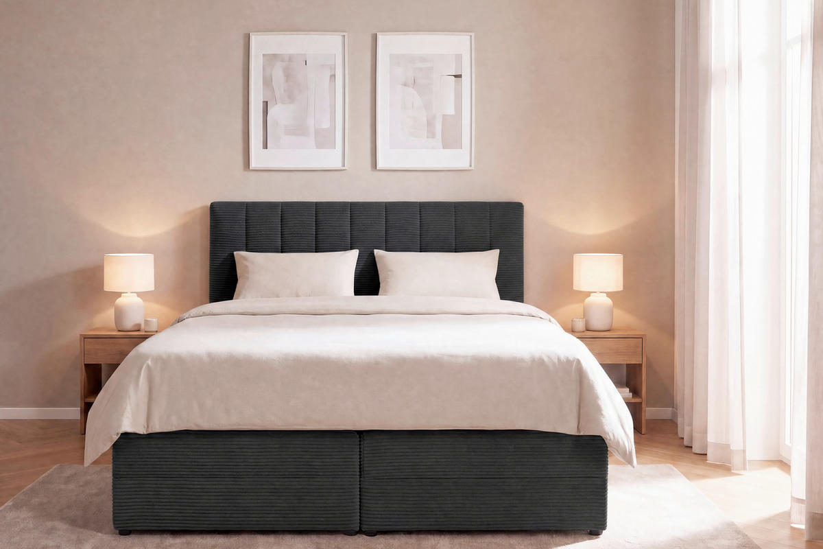 BOXSPRINGBETT 140/200 cm,  in Anthrazit, gepolstertes Kopfteil, Bettkasten, Topper, Matratzen, H2 + H2 = mittel  - Anthrazit/Schwarz, Basics, Kunststoff/Textil (140/200cm) - Boxxx