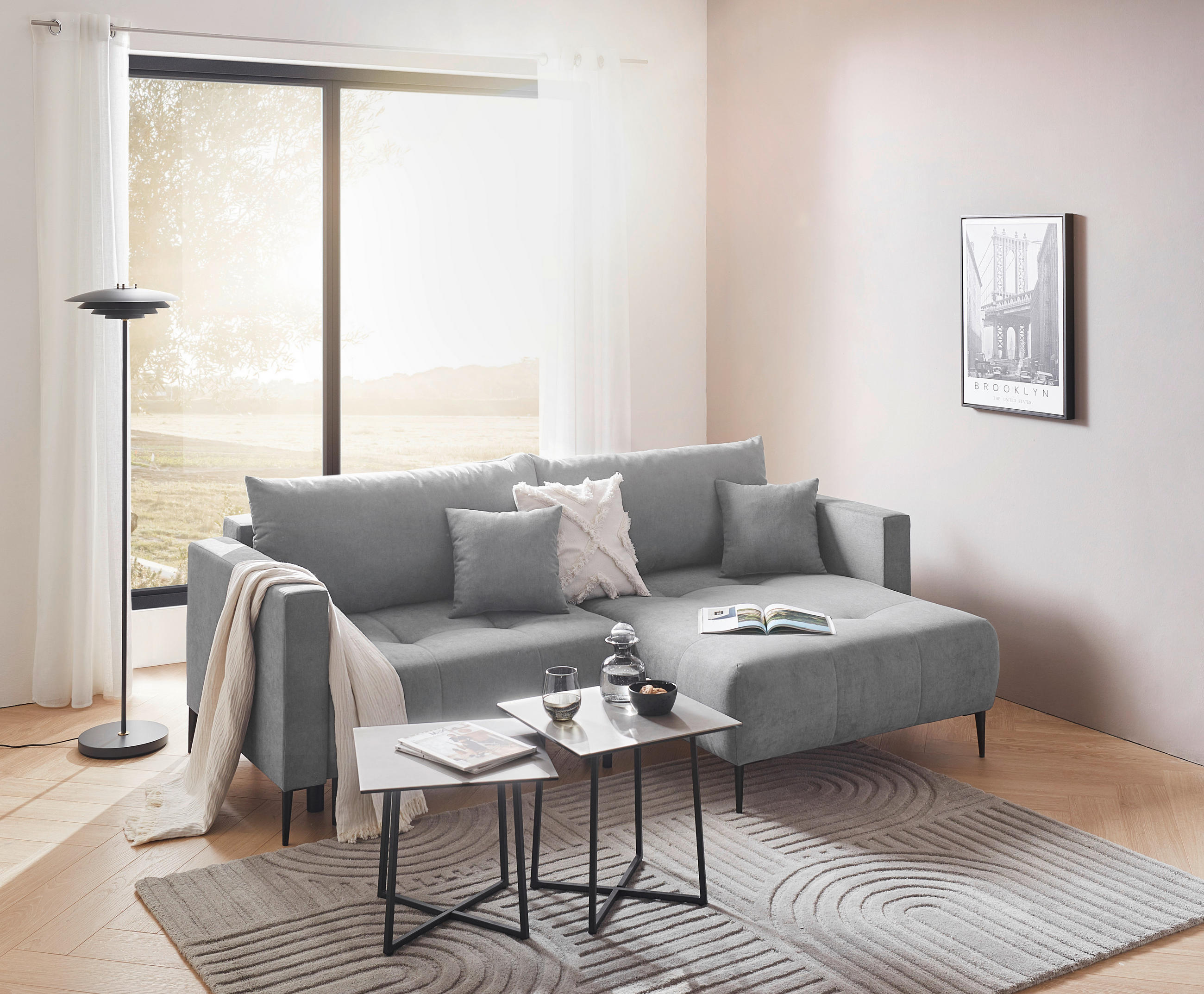 ECKSOFA Hellgrau Velours  - Hellgrau/Schwarz, KONVENTIONELL, Textil/Metall (226/155cm) - Carryhome