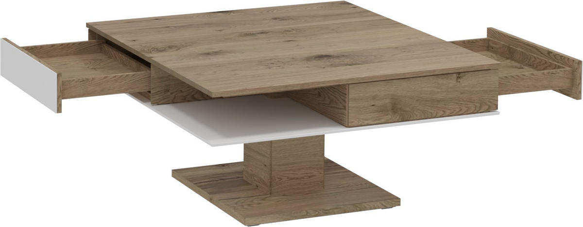 COUCHTISCH in Holz, Glas 90/90/38,3-74,3 cm  - Weiss/Eichefarben, Design, Glas/Holz (90/90/38,3-74,3cm) - Voglauer
