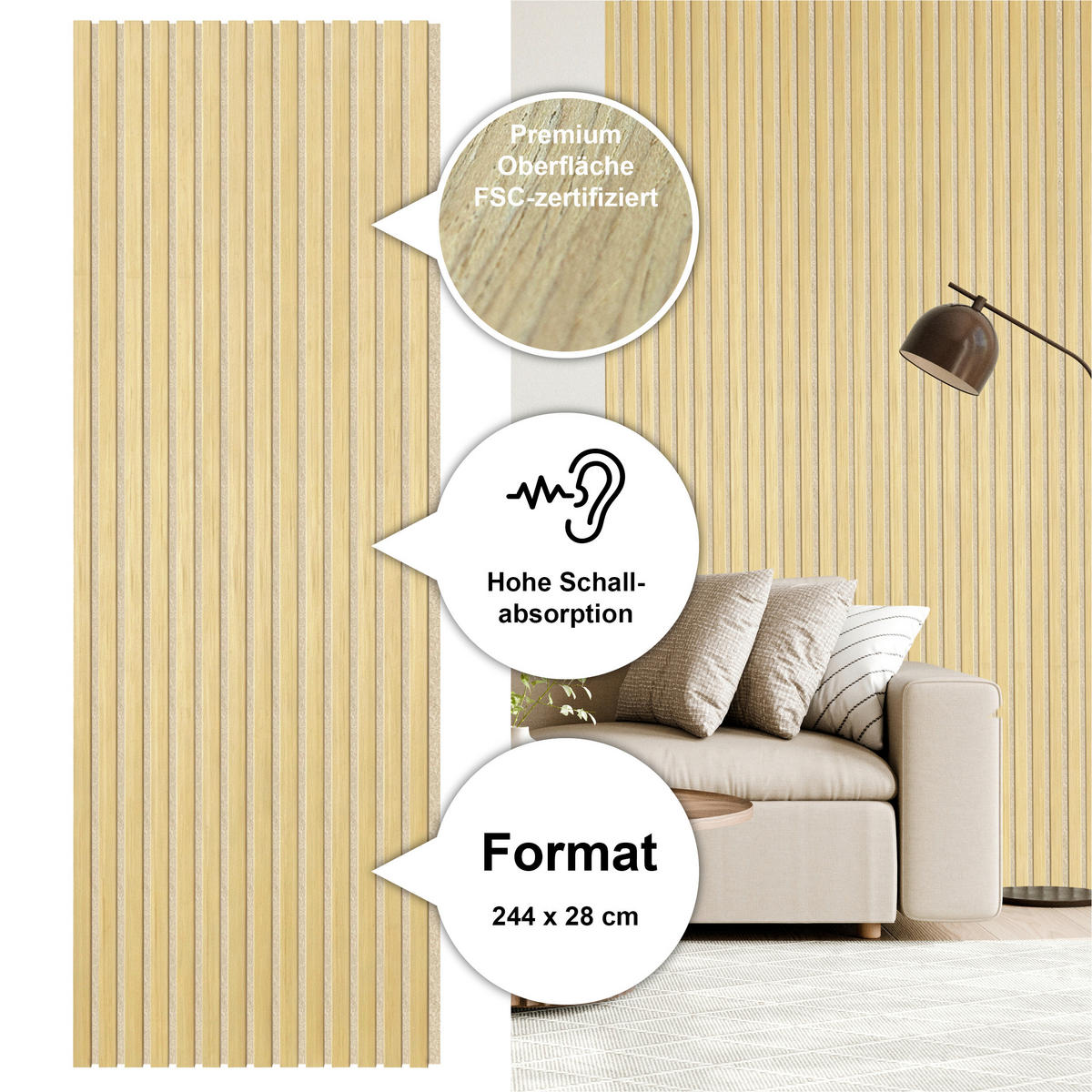 AKUSTIKPANEEL Economico Eichefarben 244/56/1,8 cm  - Eichefarben, Basics, Holzwerkstoff/Kunststoff (244/56/1,8cm) - Novel