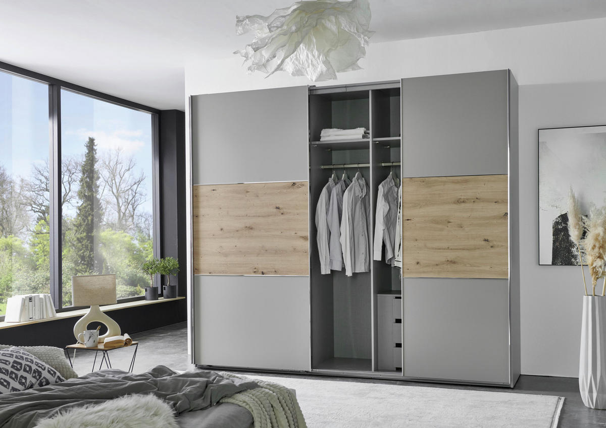 SCHWEBETÜRENSCHRANK 250/216/65 cm 3-türig Grau, Edelstahlfarben, Eiche Artisan  - Edelstahlfarben/Eiche Artisan, KONVENTIONELL, Holzwerkstoff/Metall (250/216/65cm) - Stylife