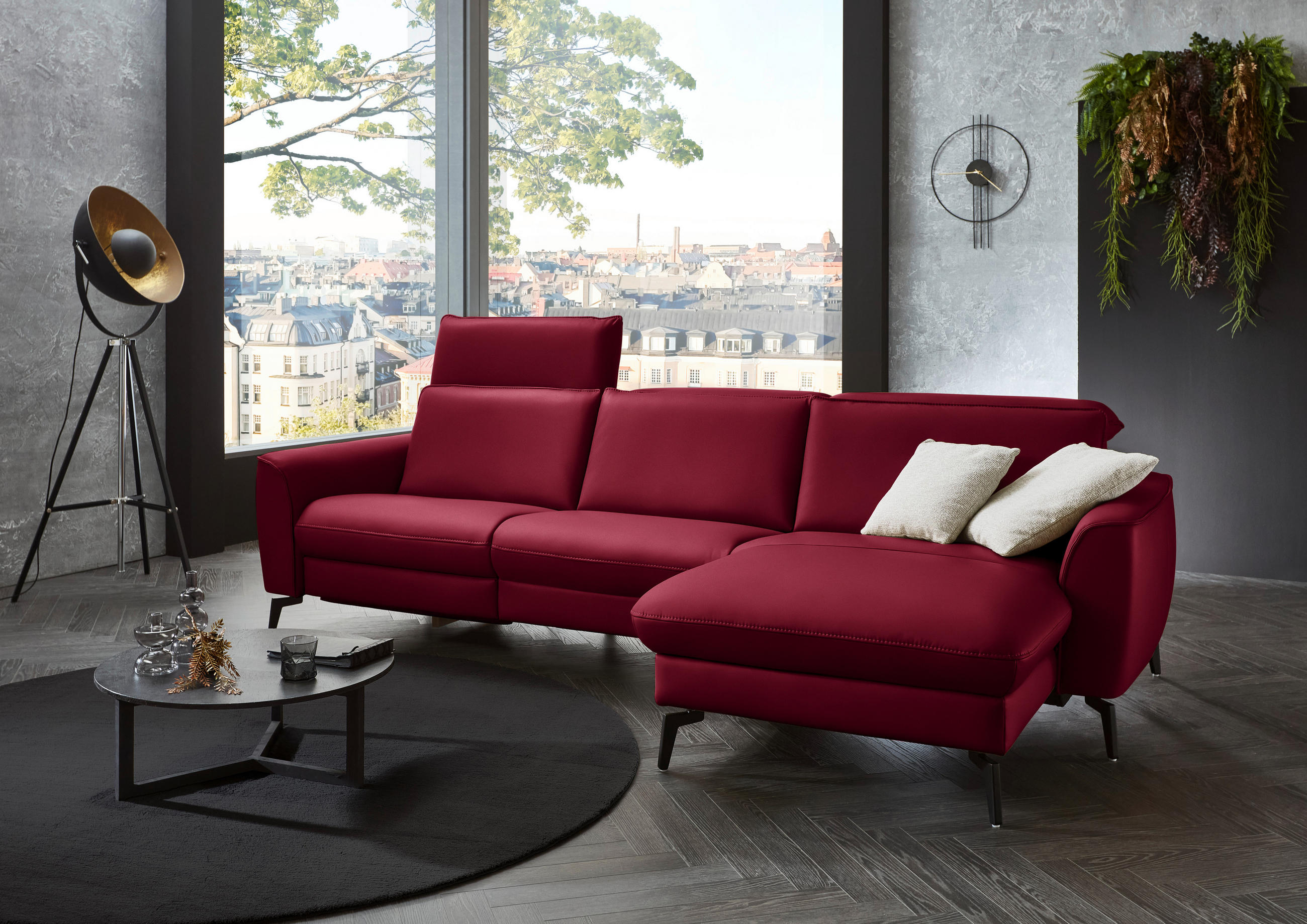 ECKSOFA in Echtleder Rot  - Rot/Schwarz, Natur, Leder/Metall (281/168cm) - Valdera