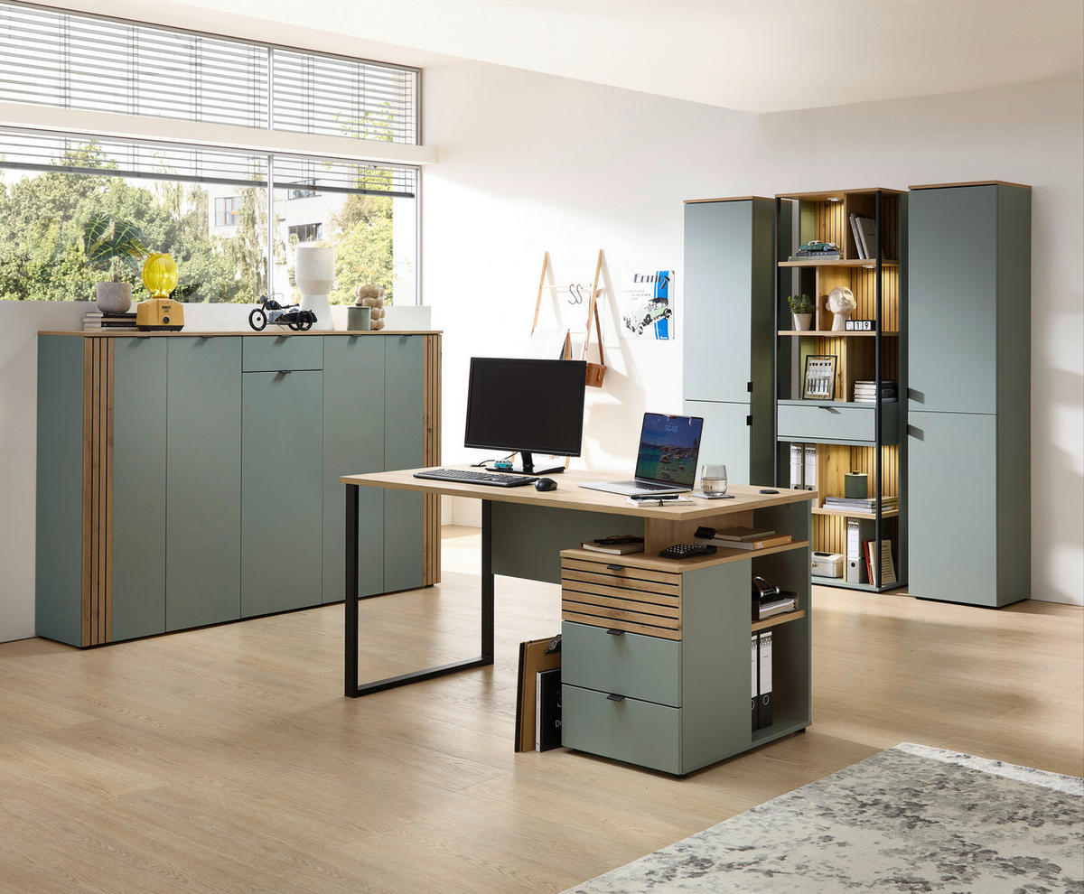 SCHREIBTISCH 150/77/73 cm Schwarz, Eiche Artisan, Schilfgrün  - Schilfgrün/Schwarz, KONVENTIONELL, Holzwerkstoff/Metall (150/77/73cm) - Voleo