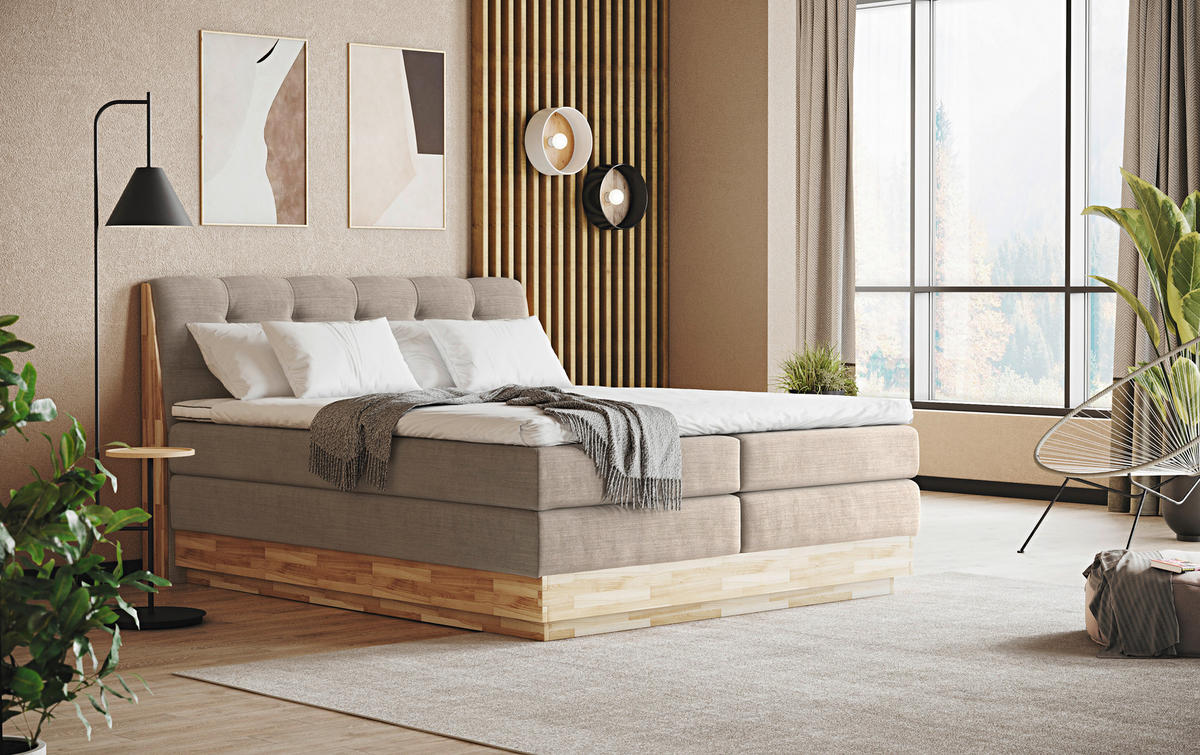 BOXSPRINGBETT 180/200 cm  in Creme  - Creme/Schwarz, Natur, Holz/Textil (180/200cm)