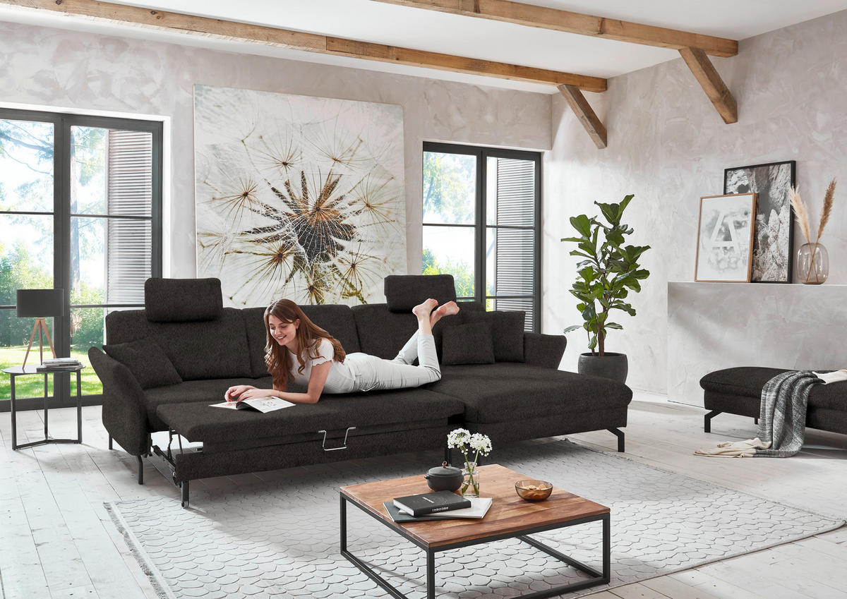 ECKSOFA in Velours Dunkelbraun  - Dunkelbraun/Schwarz, Design, Textil/Metall (306/179cm) - Beldomo System