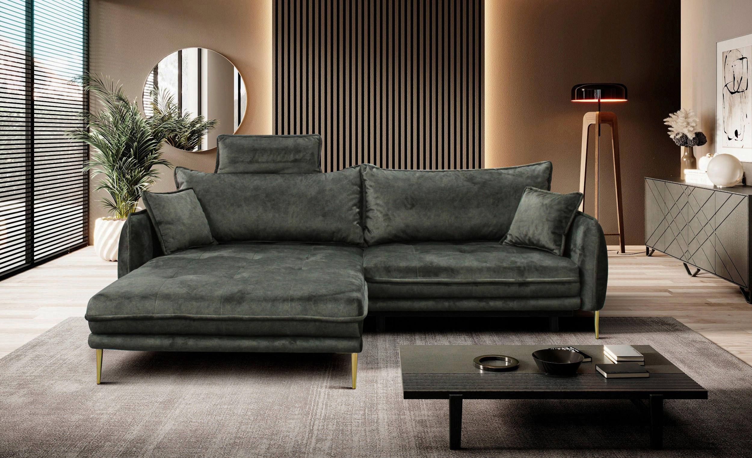 ECKSOFA Grün Velours  - Goldfarben/Grün, Design, Textil/Metall (196/264cm) - MID.YOU