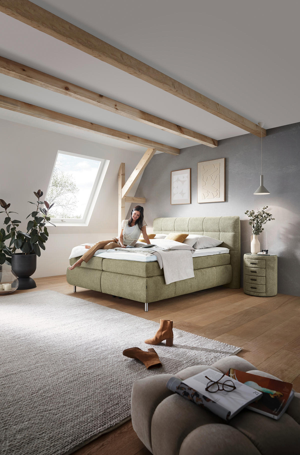 BOXSPRING-ÁGY 160/200 cm  világoszöld  - alumínium színű/világoszöld, Konventionell, textil/fém (160/200cm) - Dieter Knoll