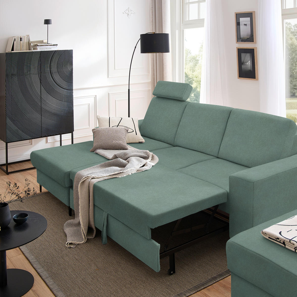 ECKSOFA in Velours Mintgrün  - Schwarz/Mintgrün, KONVENTIONELL, Textil/Metall (167/247cm) - Stylife