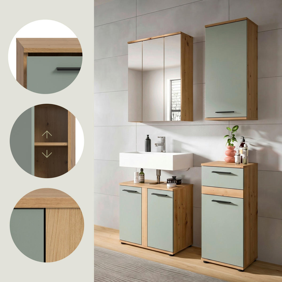 BADEZIMMER 4-teilig  in 110 cm  - Salbeigrün/Schwarz, Trend, Glas/Holzwerkstoff (110cm) - MID.YOU