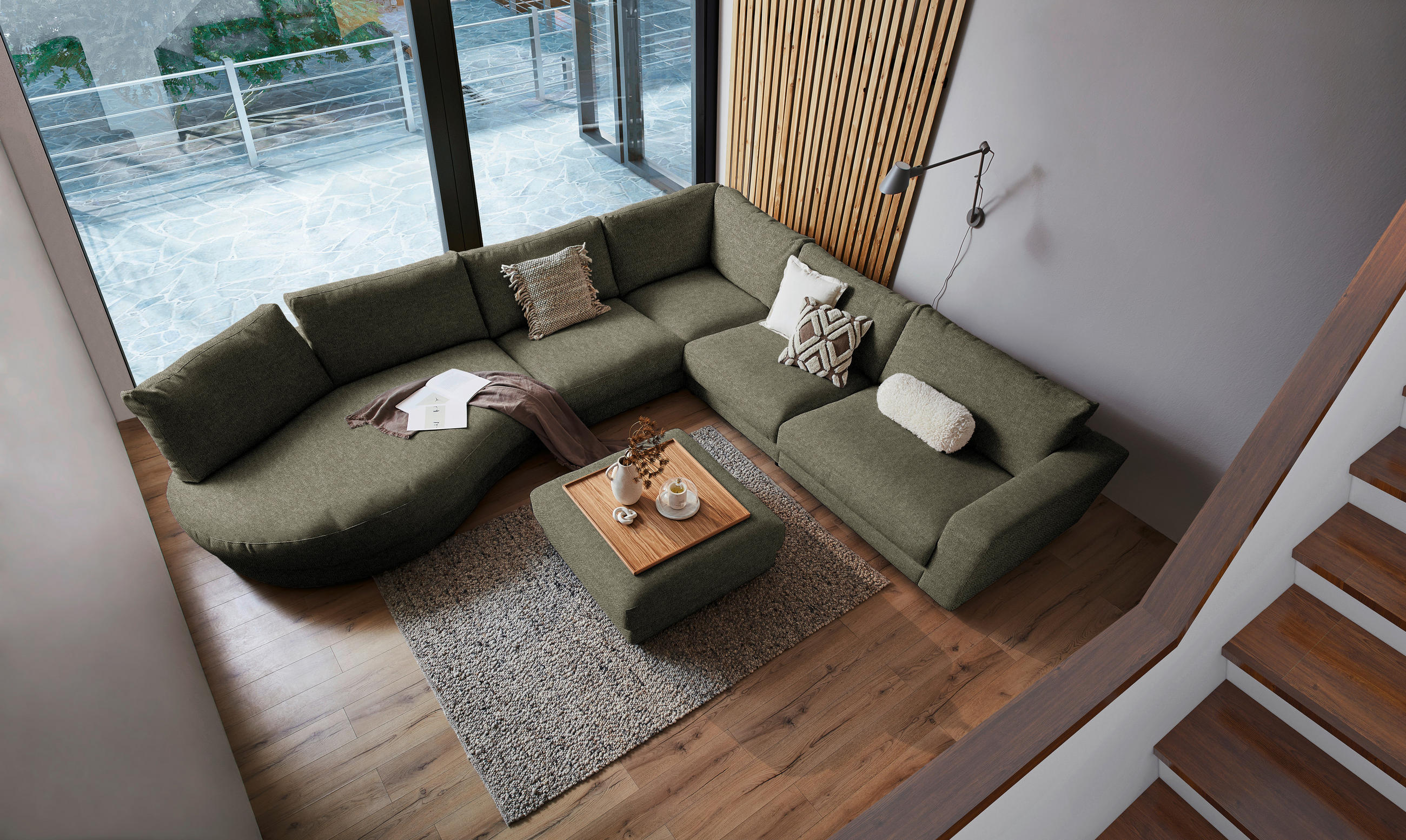 ECKSOFA in Flachgewebe Olivgrün  - Schwarz/Olivgrün, Design, Kunststoff/Textil (425/365cm) - Lomoco