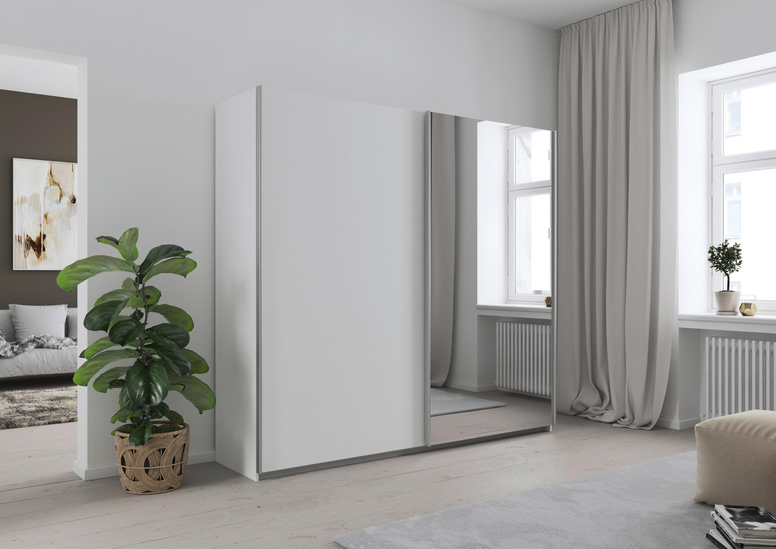SCHWEBETÜRENSCHRANK  in Weiß  - Alufarben/Weiß, KONVENTIONELL, Glas/Holzwerkstoff (226/210/61cm) - home24