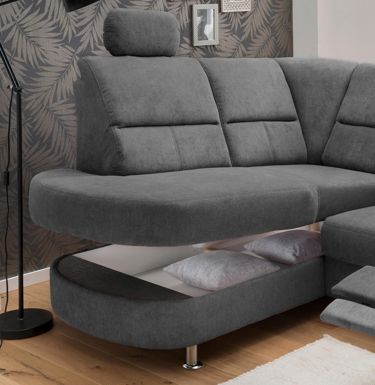 ECKSOFA Anthrazit Mikrofaser  - Chromfarben/Anthrazit, KONVENTIONELL, Textil/Metall (231/45/55cm) - Livetastic