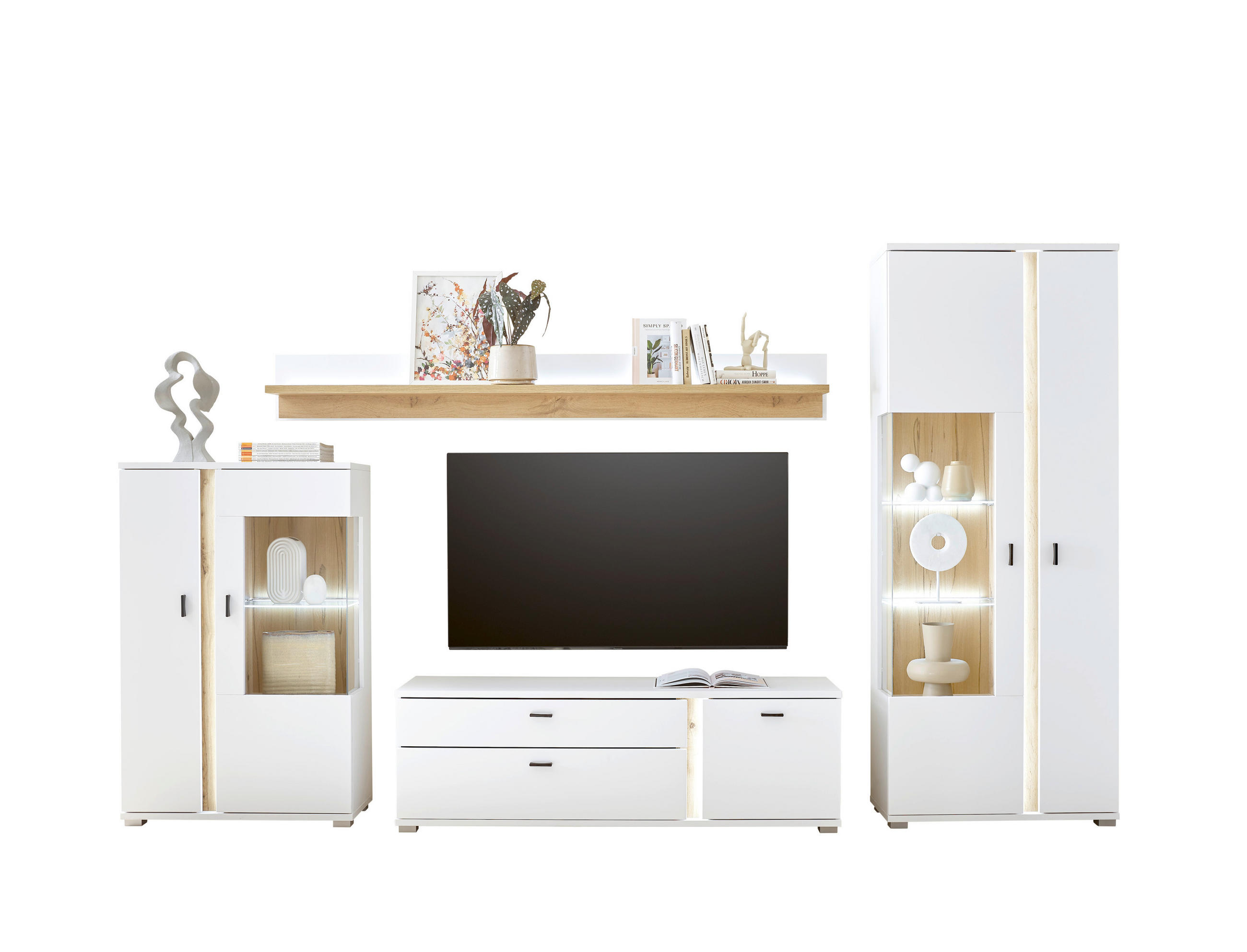 WOHNWAND 4-teilig  in Weiß, Eiche Wotan  330/200/42 cm  - Silberfarben/Eiche Wotan, Design, Glas/Holzwerkstoff (330/200/42cm) - MID.YOU