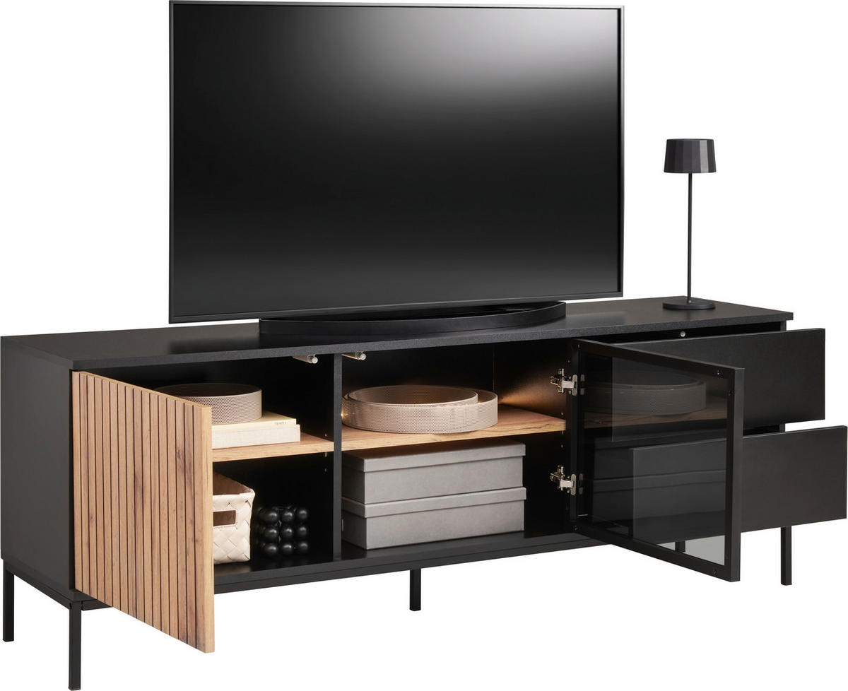 LOWBOARD  in 153,6/56/38 cm  - Eiche Wotan/Schwarz, KONVENTIONELL, Glas/Holzwerkstoff (153,6/56/38cm) - Xora