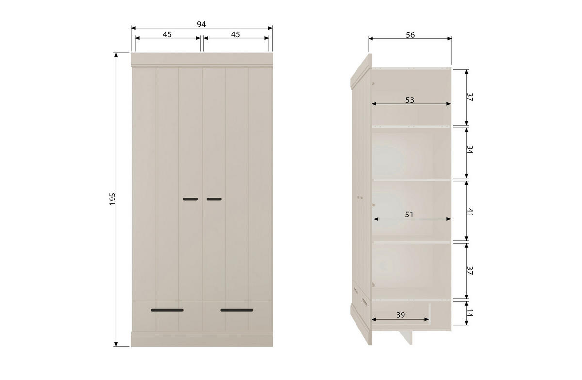 DREHTÜRENSCHRANK 94/195/53 cm,  in Grau, 2-türig  - Grau, Basics, Holz (94/195/53cm) - MID.YOU