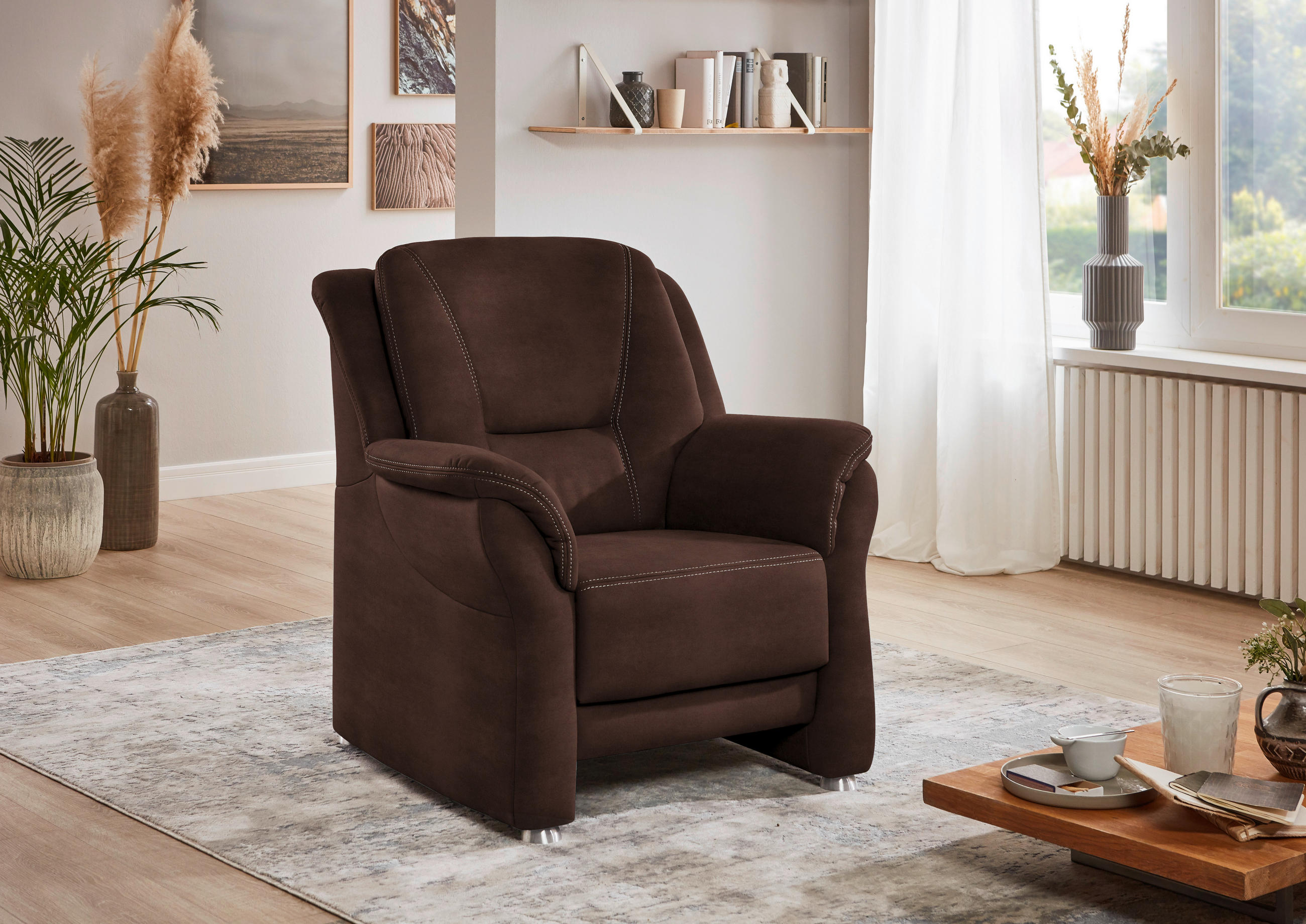 SESSEL in Mikrofaser Braun  - Beige/Alufarben, Konventionell, Textil/Metall (90/100/92cm) - Beldomo Comfort
