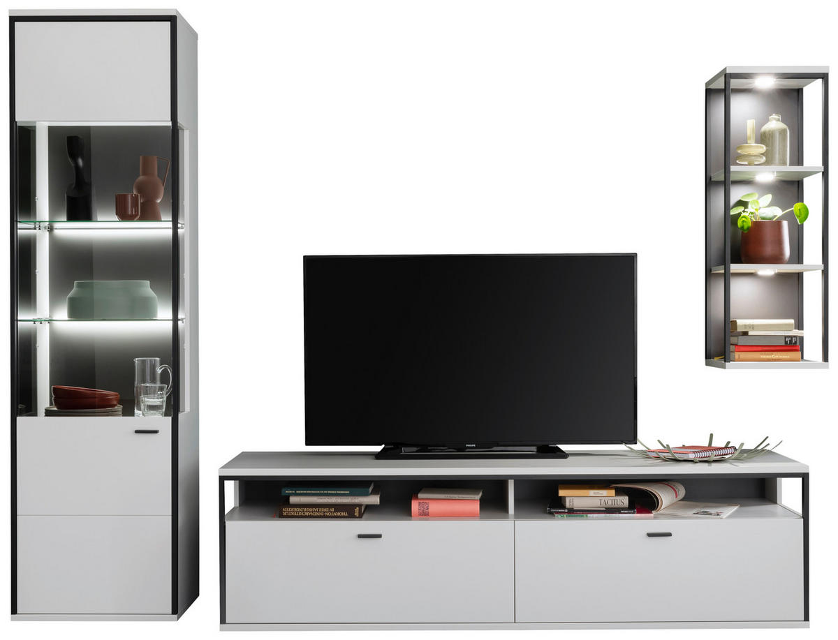 WOHNWAND  in Schwarz, Weiss 265/199/51 cm  - Weiss/Schwarz, Design, Glas/Holzwerkstoff (265/199/51cm) - Stylife