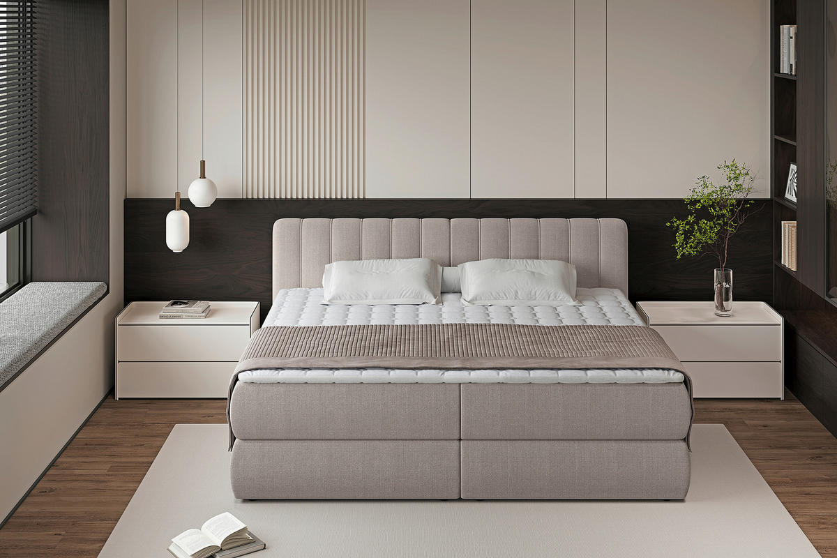BOXSPRINGBETT 200/200 cm,  in Taupe, gepolstertes Kopfteil, Bettkasten, Topper, Matratzen, H2 + H3 = mittel + fest  - Taupe/Schwarz, Design, Kunststoff/Textil (200/200cm) - Chameo