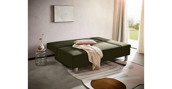 SCHLAFSOFA mit Stoffauswahl, Schlafen auf Sitzhöhe, Armteil rechts Flachgewebe Dunkelgrün - Chromfarben/Dunkelgrün, Design, Holz/Textil (205/77-93/99cm) - Novel