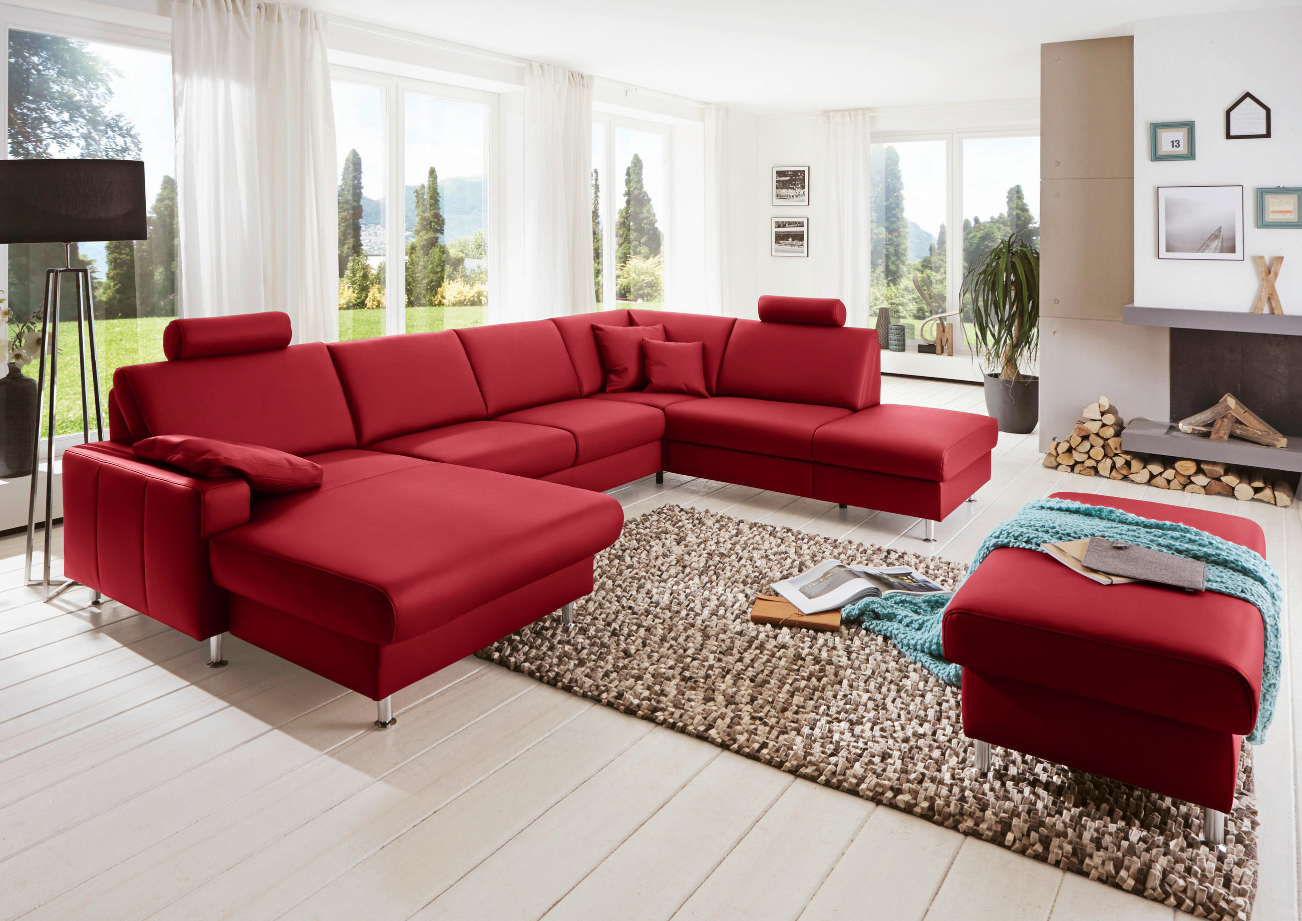 WOHNLANDSCHAFT in Echtleder Rot  - Rot/Alufarben, Design, Leder/Metall (165/339/233cm) - Beldomo Premium