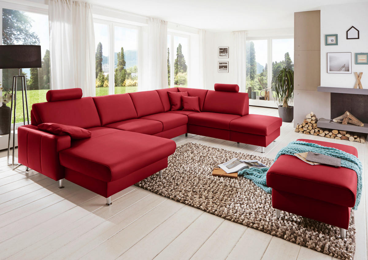WOHNLANDSCHAFT in Echtleder Rot  - Rot/Alufarben, Design, Leder/Metall (165/339/233cm) - Beldomo Premium