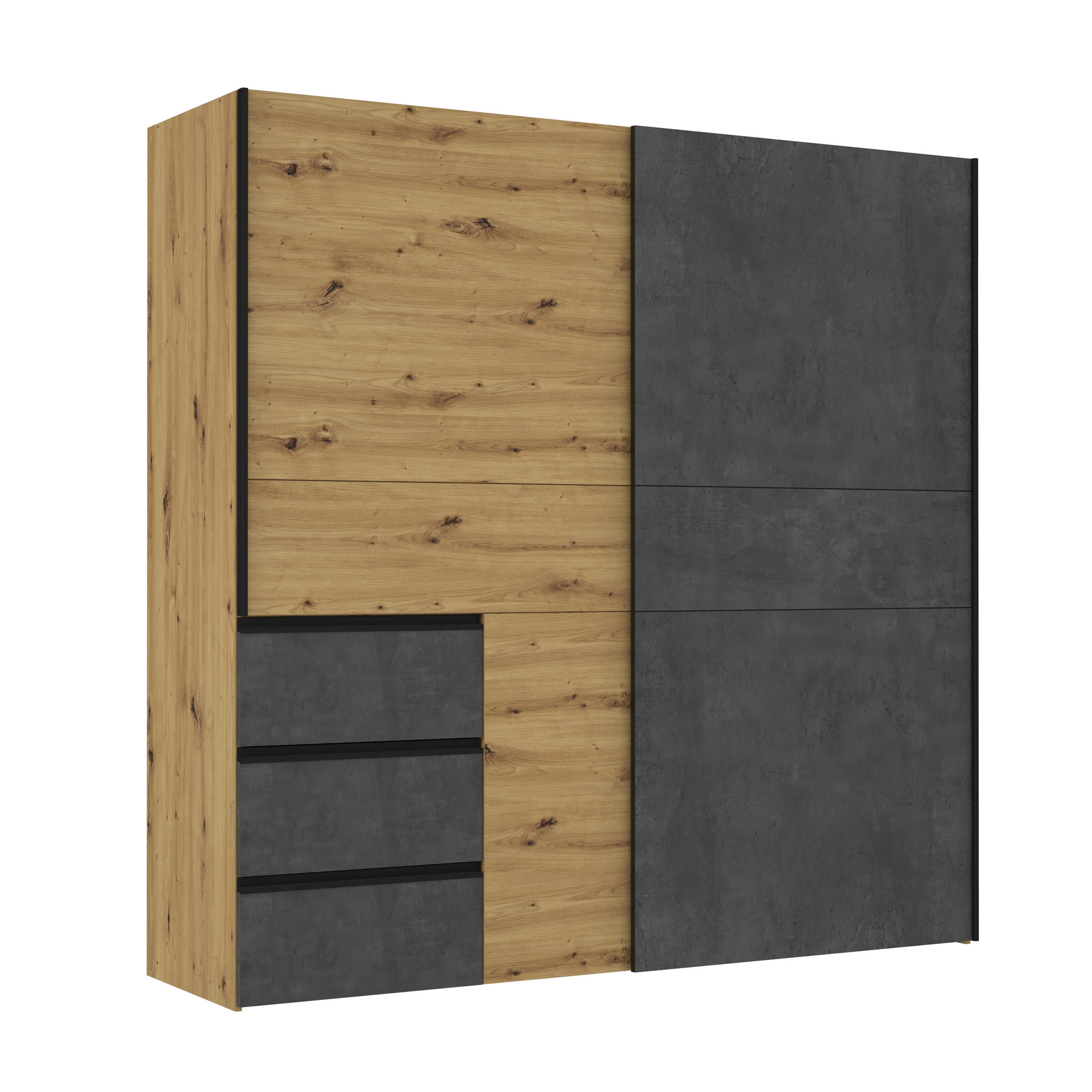 Schwebetürenschrank in Eichefarben, Dunkelgrau