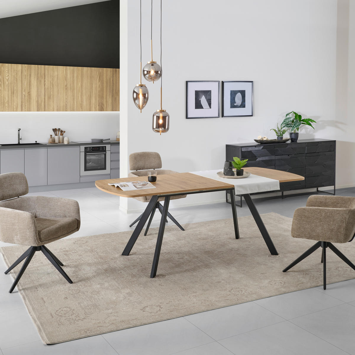 ESSTISCH Eiche Artisan rechteckig  ausziehbar  - Schwarz/Eiche Artisan, KONVENTIONELL, Holzwerkstoff/Metall (160-200/75/90cm) - MID.YOU