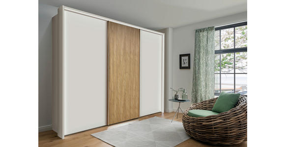 SCHWEBETÜRENSCHRANK 300/236/67 cm 3-türig Weiß, Eiche Bianco - Chromfarben/Eiche Bianco, Design, Holz/Holzwerkstoff (300/236/67cm) - Novel