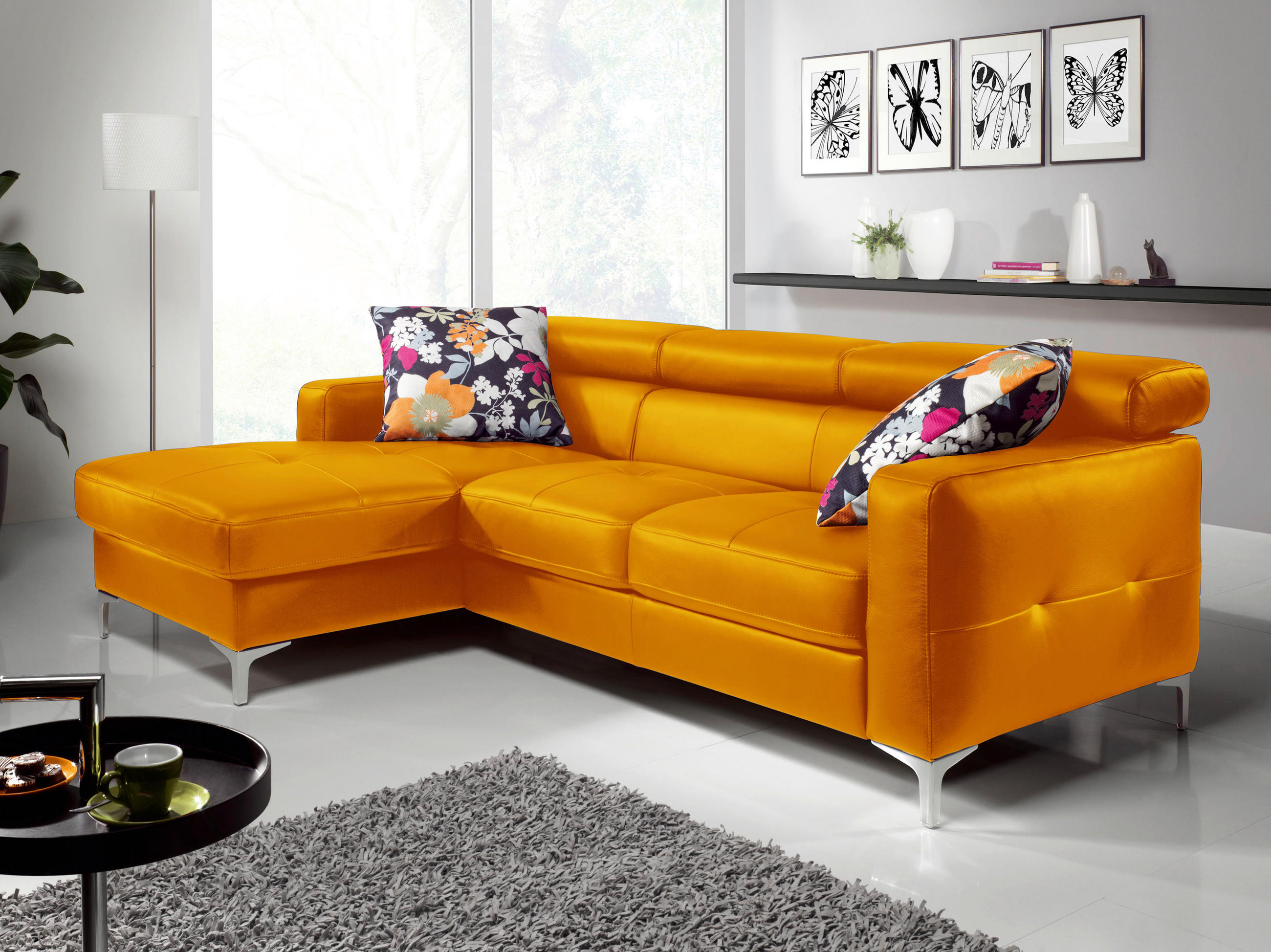 ECKSOFA in Echtleder Gelb  - Chromfarben/Gelb, Design, Leder/Metall (168/227cm) - Livetastic
