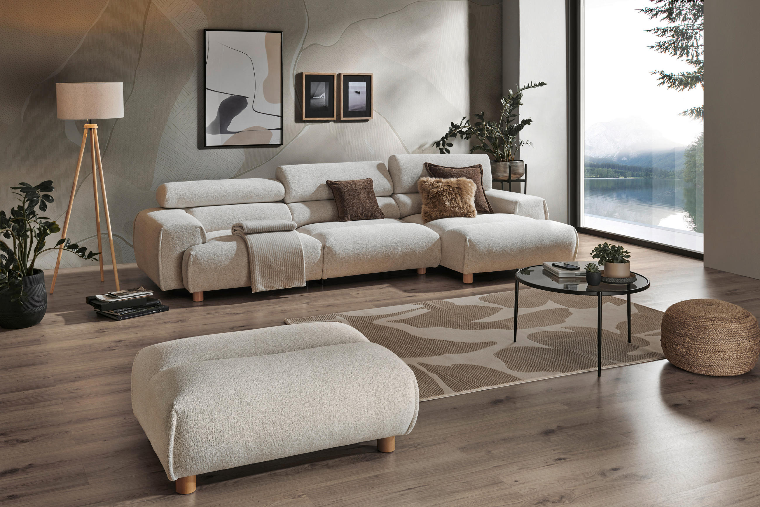 ECKSOFA in Velours Weiss  - Weiss/Buchefarben, Design, Holz/Textil (329/150cm) - Lomoco