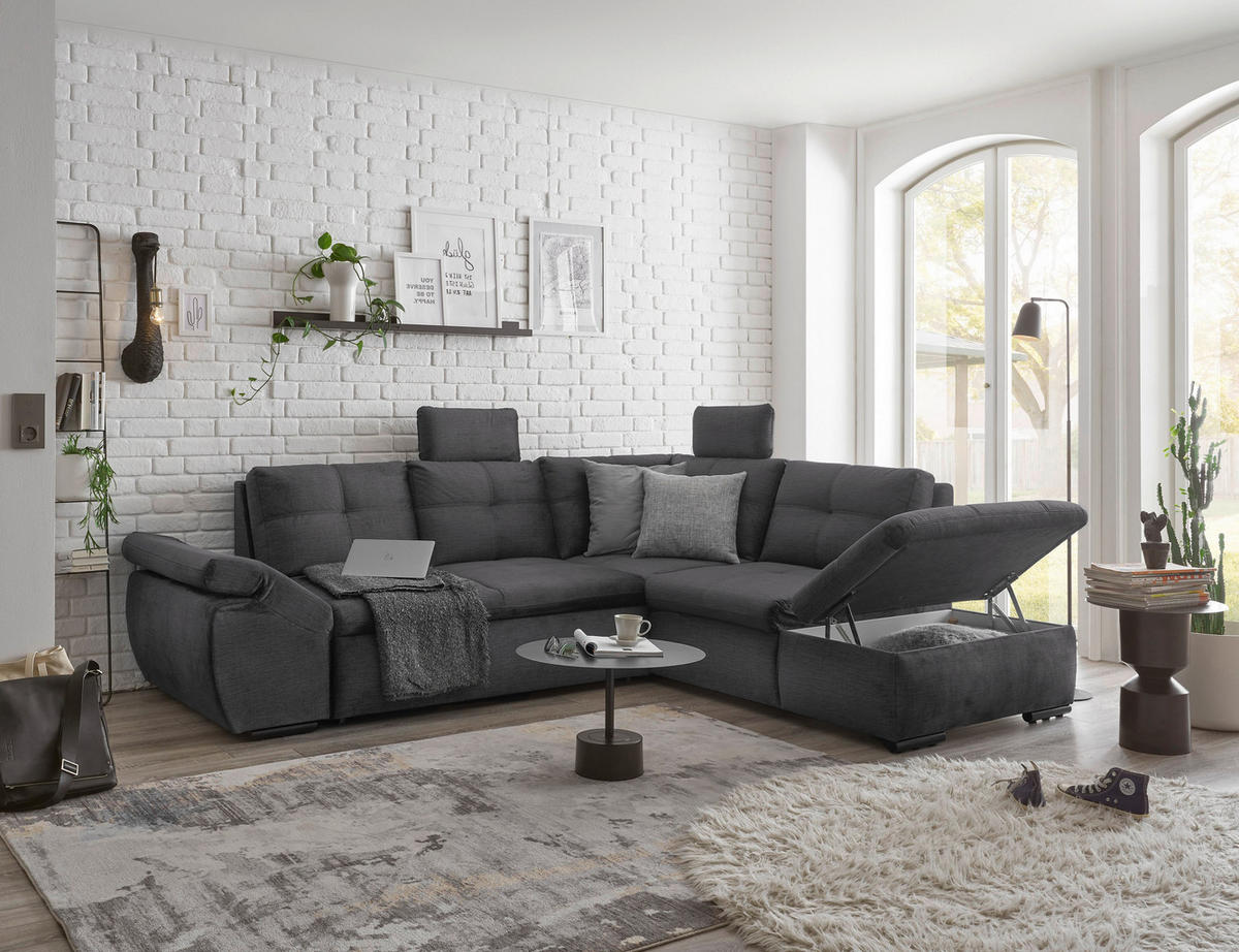 ECKSOFA in Mikrovelours Grau  - Schwarz/Grau, Konventionell, Kunststoff/Textil (265/217cm) - Carryhome