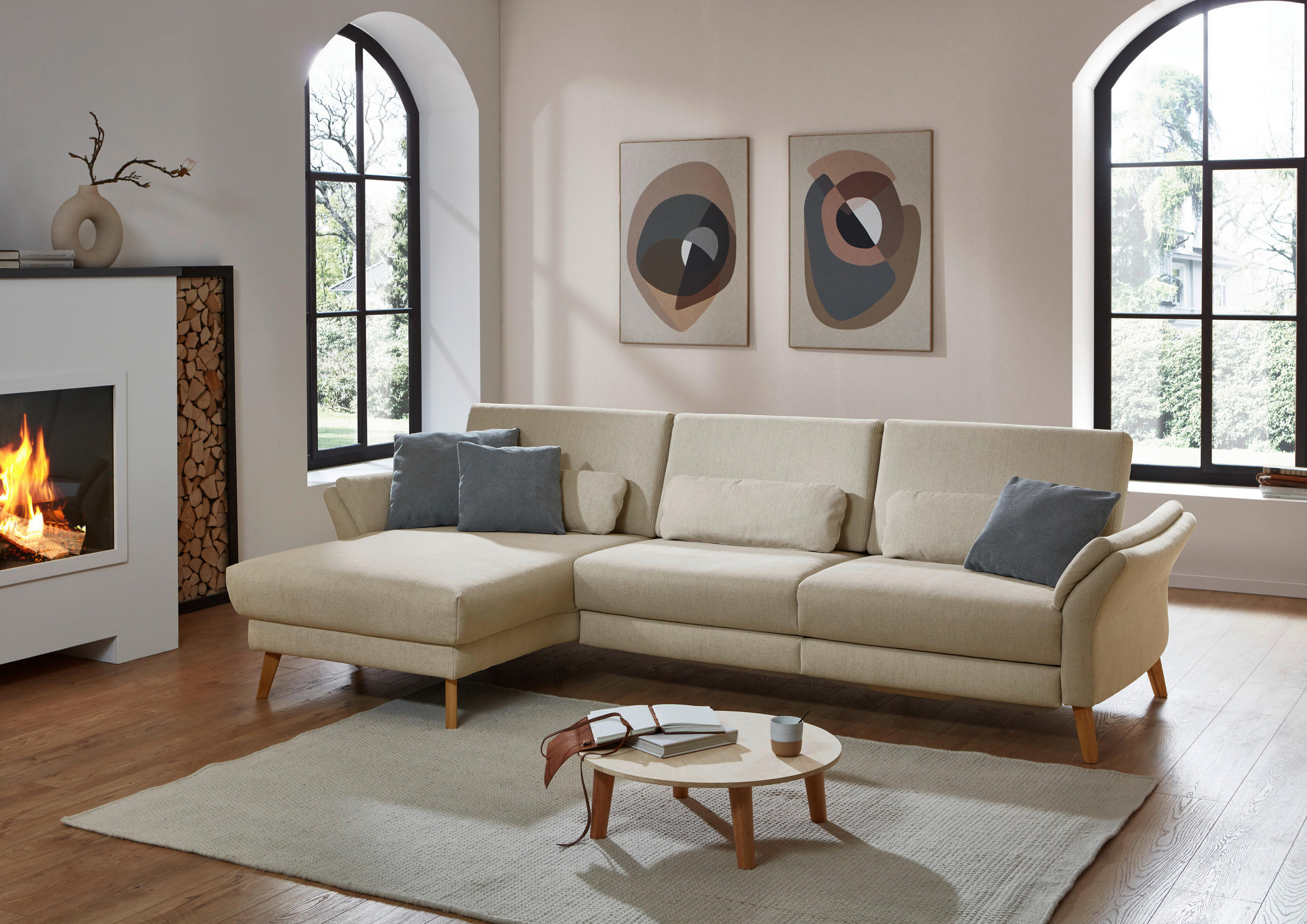 ECKSOFA Beige Chenille, Flachgewebe  - Wildeiche/Beige, Design, Holz/Textil (157/281cm) - Valnatura