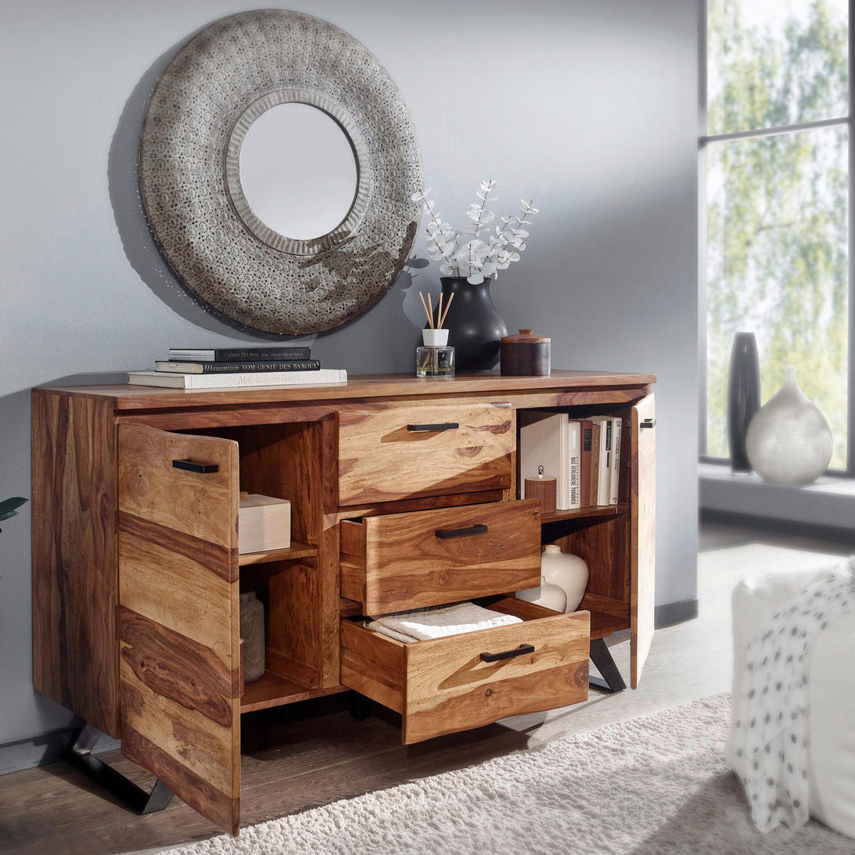 SIDEBOARD  in 145/82/45 cm  - Sheeshamfarben/Schwarz, Design, Holz/Metall (145/82/45cm) - MID.YOU