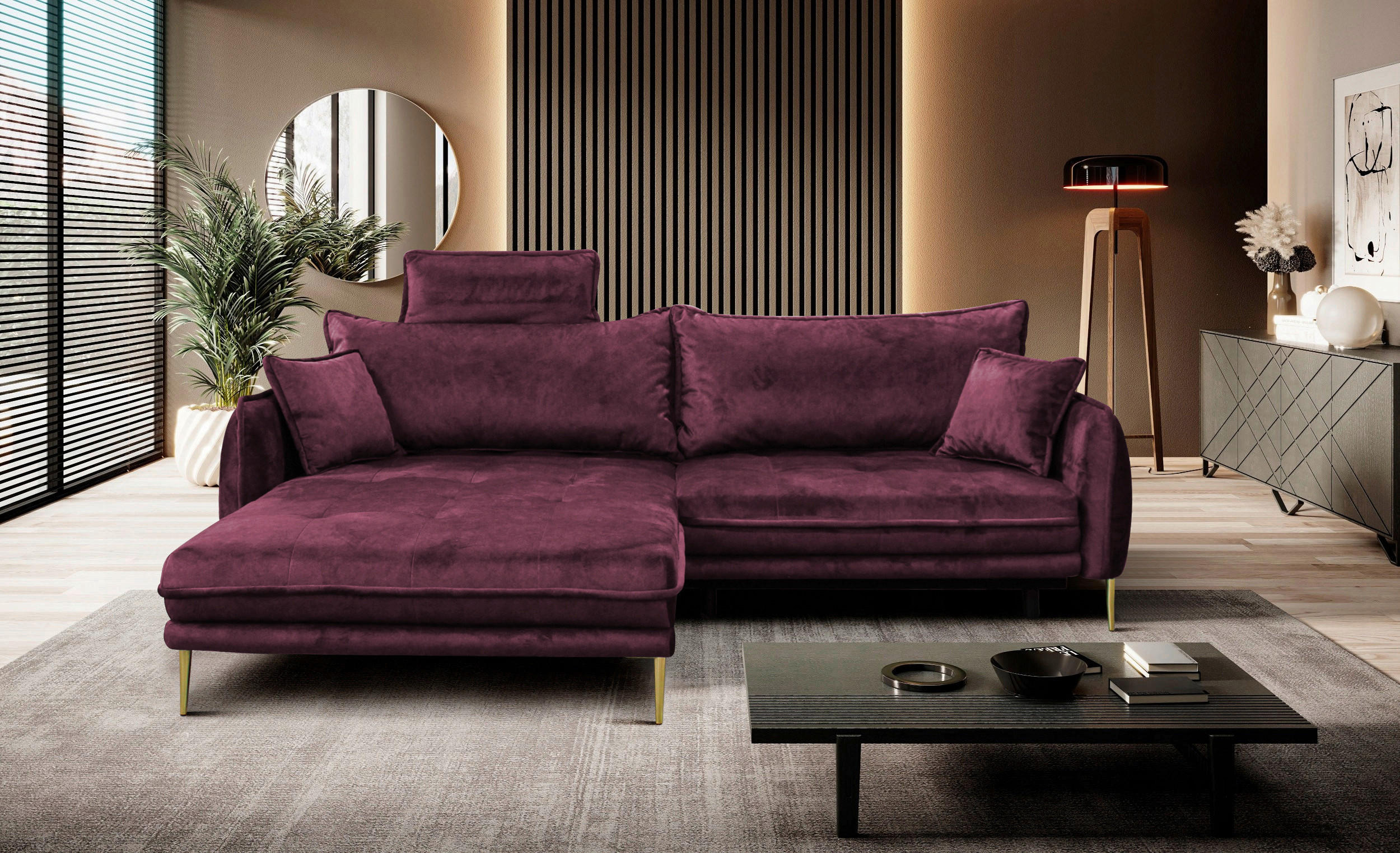 ECKSOFA Weinrot Velours Bettkasten  - Weinrot/Goldfarben, Design, Textil/Metall (196/264cm) - P & B