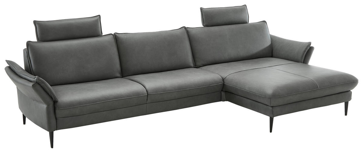 ECKSOFA in Echtleder Anthrazit  - Anthrazit/Schwarz, Design, Leder/Metall (334/172cm) - Hukla