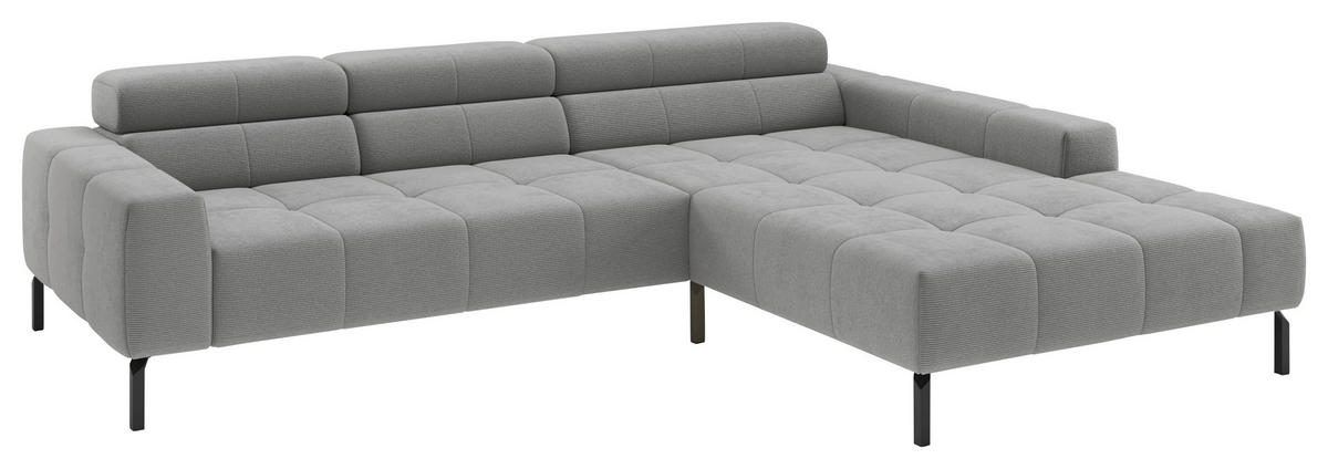 ECKSOFA Silberfarben Feincord Rücken echt, Kopfteilverstellung, Sitztiefenverstellung  - Silberfarben/Schwarz, KONVENTIONELL, Textil/Metall (293/226cm) - Hom`in