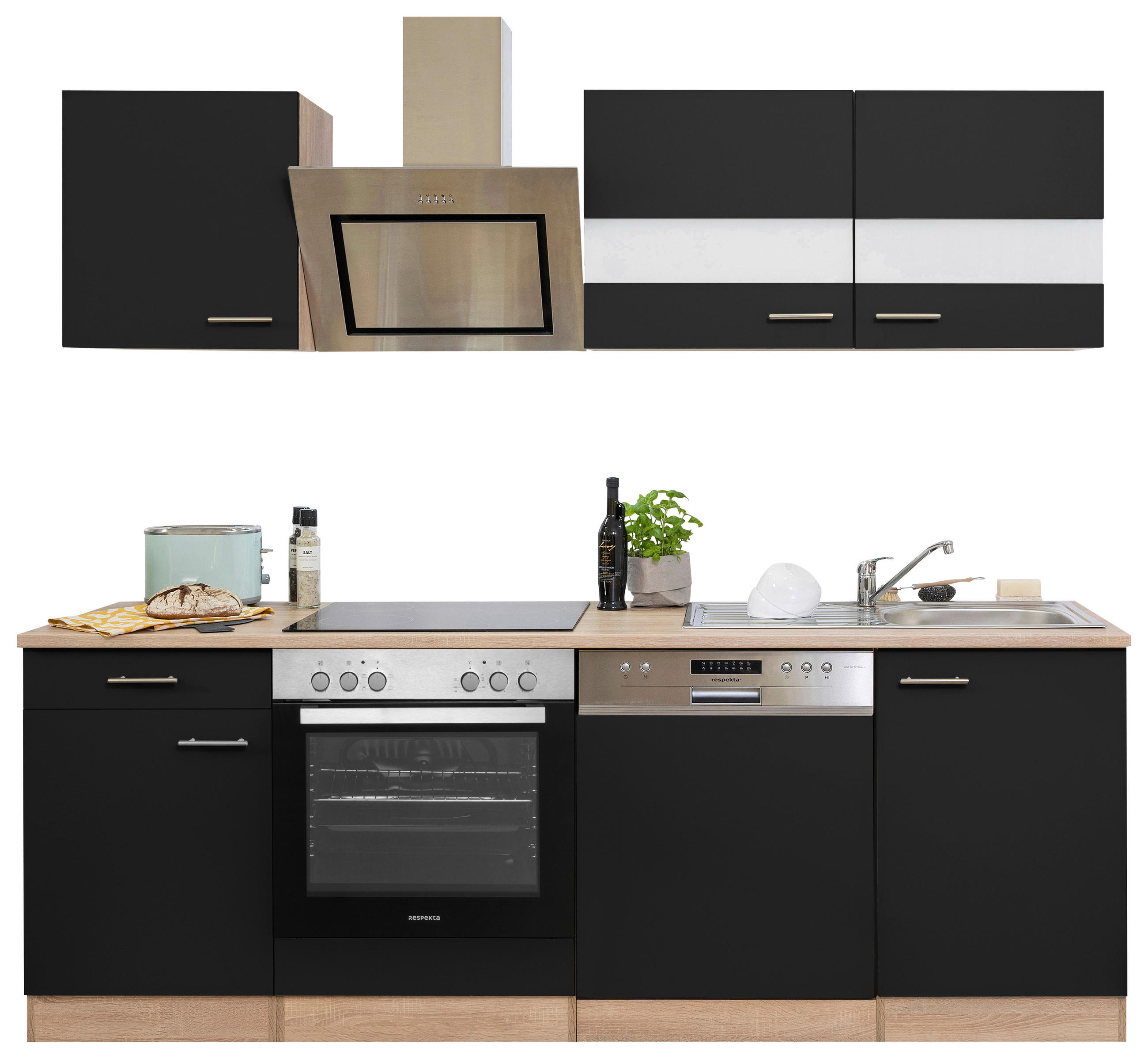 KÜCHENBLOCK 220 cm   in Schwarz  - Edelstahlfarben/Eichefarben, Basics, Holzwerkstoff/Metall (220cm) - Respekta