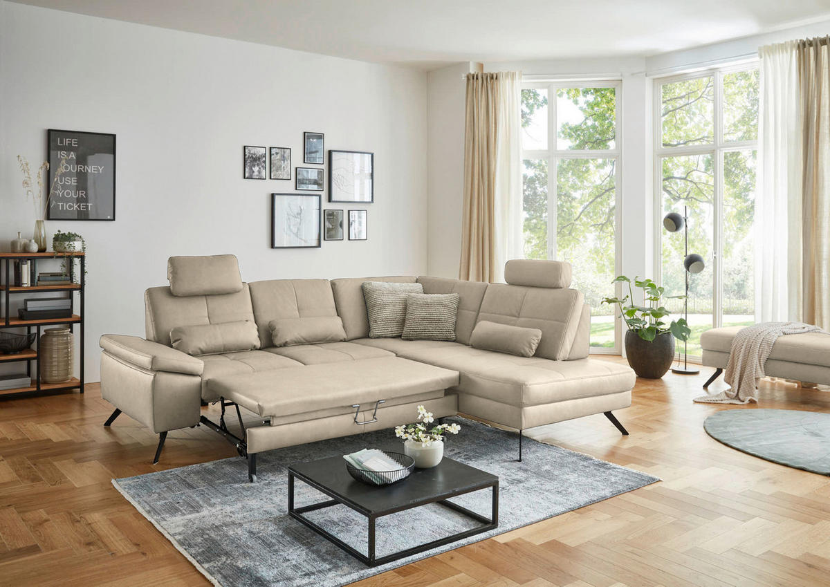 ECKSOFA in Lederlook, Mikrofaser Beige  - Beige/Schwarz, Design, Textil/Metall (261/220cm) - Beldomo System