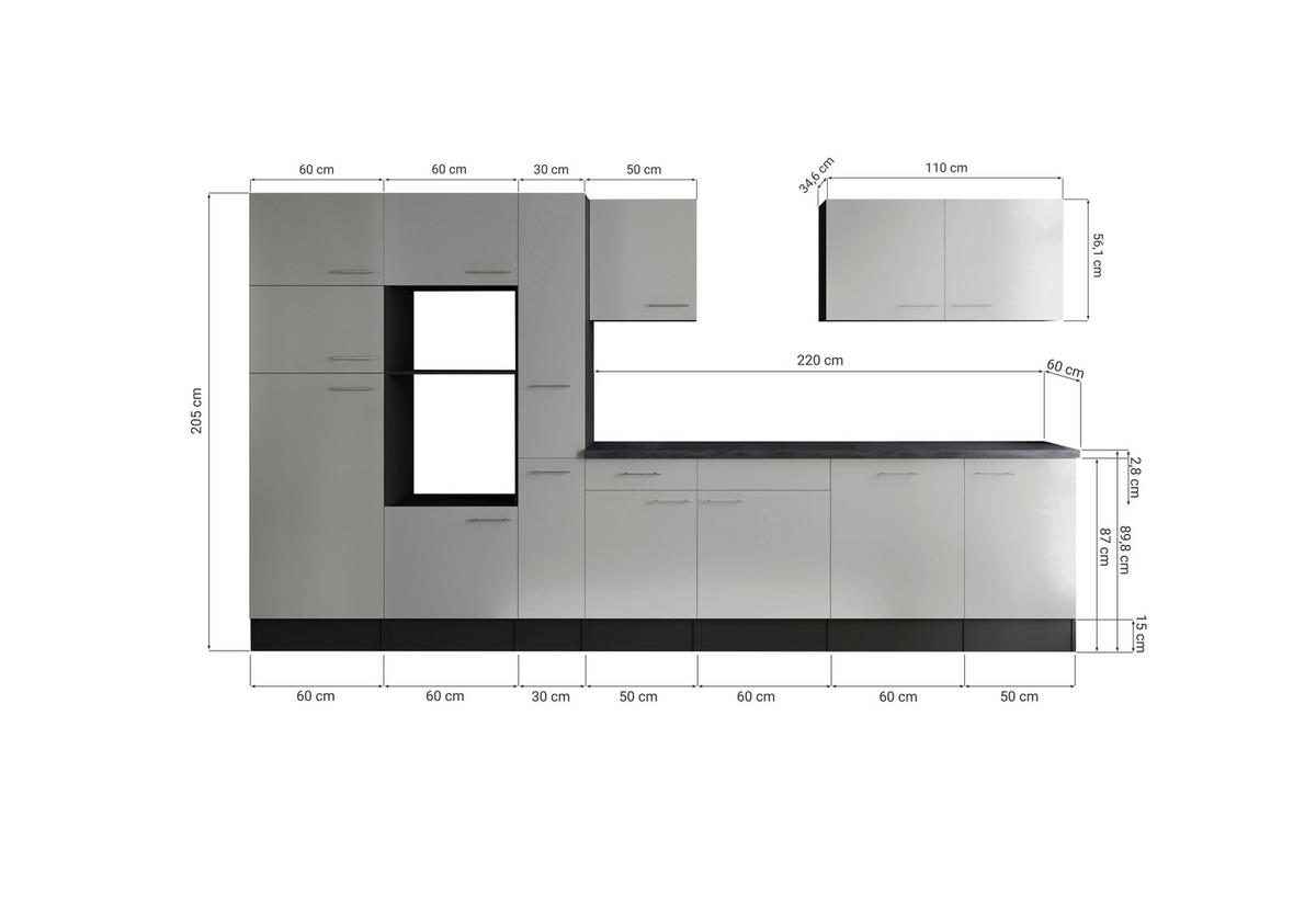 MODULKÖK UTAN VITVAROR 370 cm   i grå, vit  - vit/silver, Design, metall/trämaterial (370cm) - Respekta