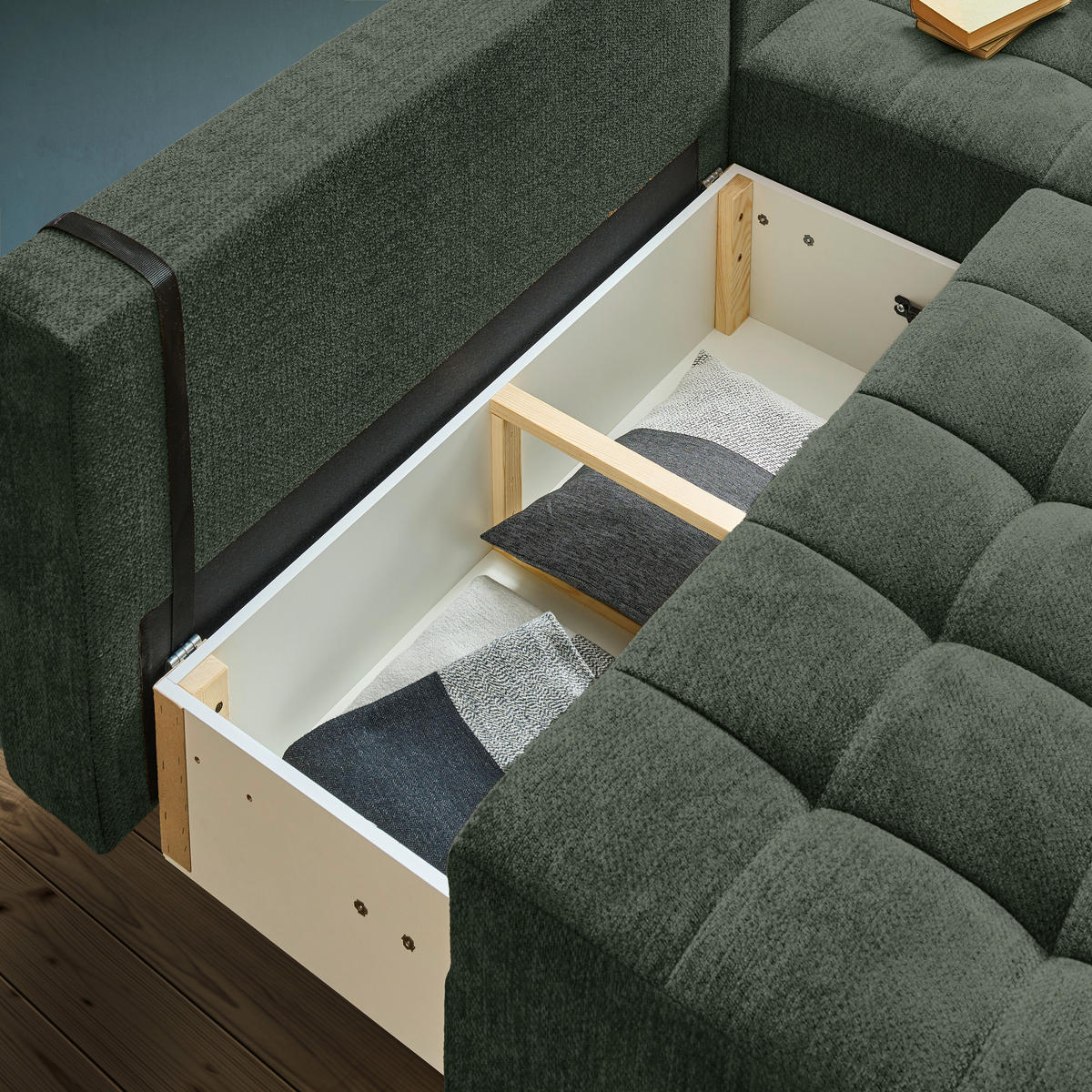 ECKSOFA in Chenille Dunkelgrün  - Dunkelgrün/Schwarz, MODERN, Kunststoff/Textil (204/145cm) - home24