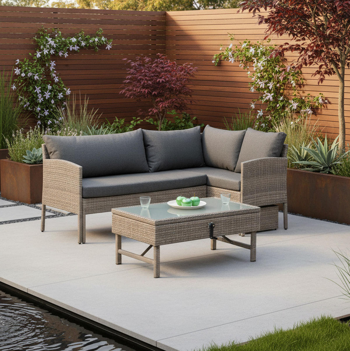 LOUNGEGARNITUR 190/113 cm Stahl  - Beige, MODERN, Glas/Kunststoff (190/113cm) - Gardenson