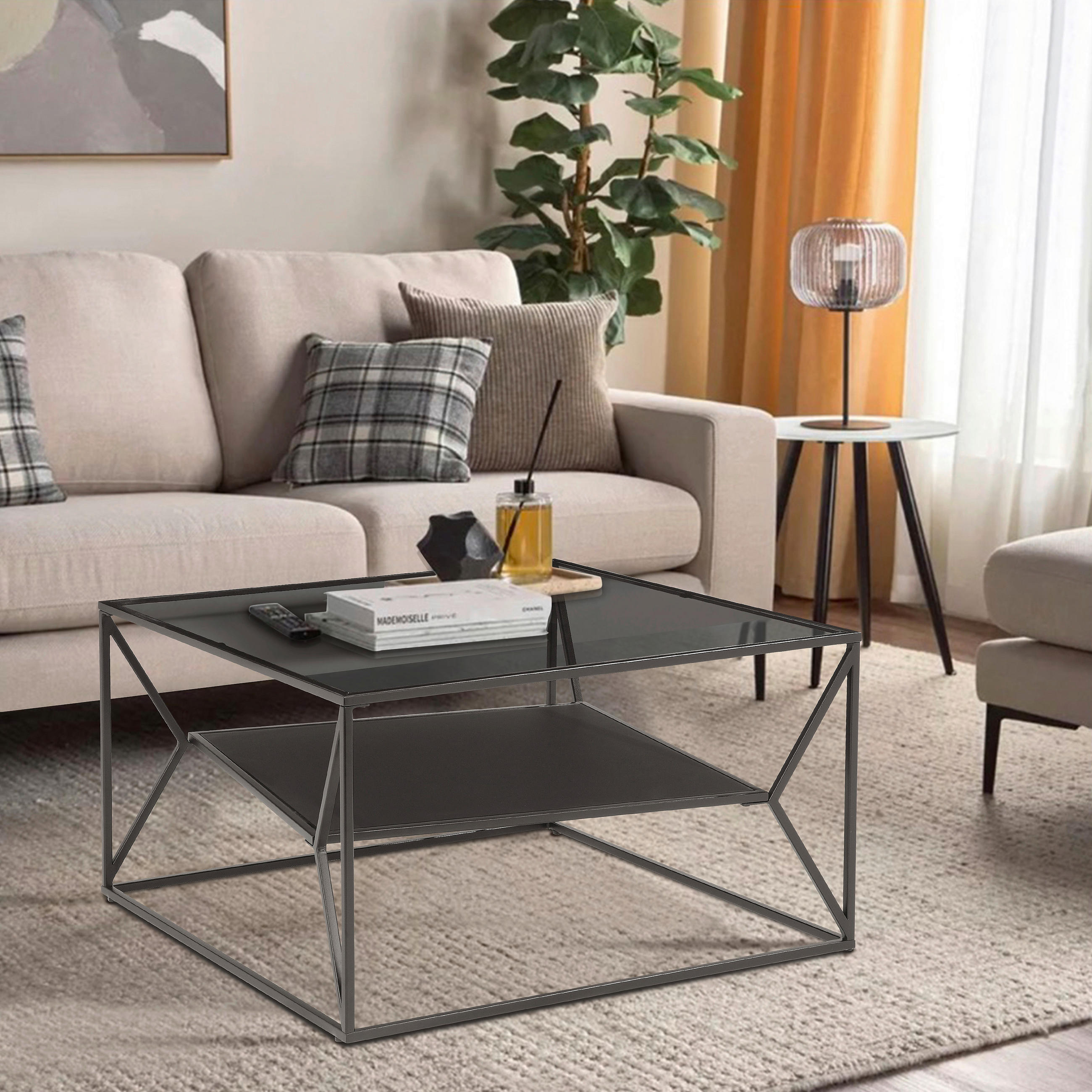 KONFERENČNÍ STOLEK, šedá, černá, kov, sklo, 75/75/43 cm - šedá/černá, Design, kov/sklo (75/75/43cm) - Carryhome