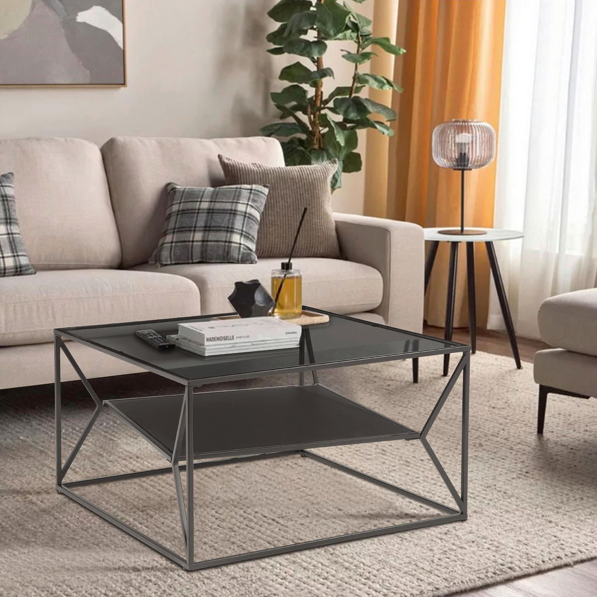 KONFERENČNÝ STOLÍK, sivá, čierna, kov, sklo, 75/75/43 cm - čierna/sivá, Design, kov/sklo (75/75/43cm) - Carryhome