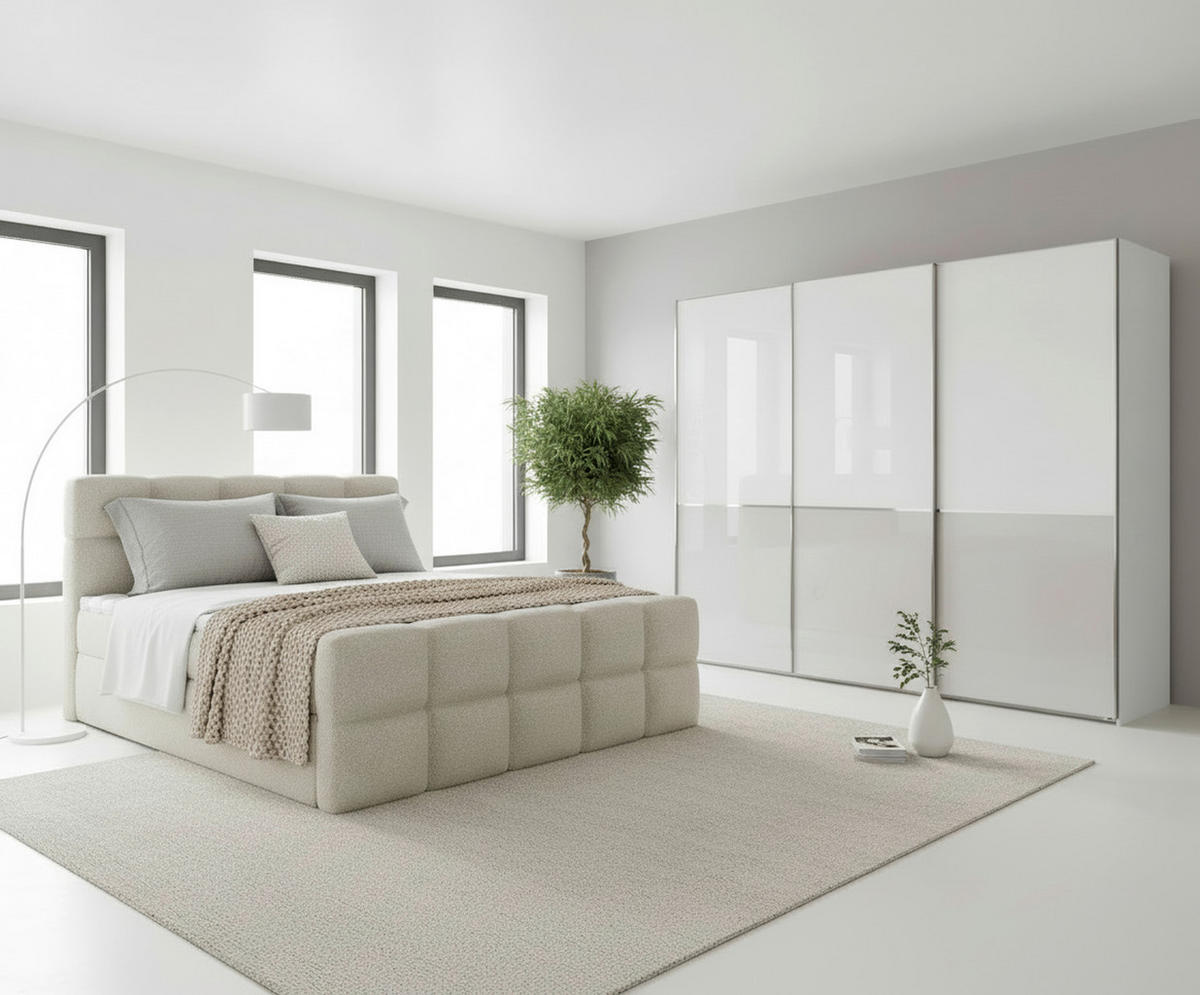 BOXBETT 140/200 cm,  in Beige, gepolstertes Kopfteil, Bettkasten, Topper, H3 = fest  - Beige/Schwarz, Design, Holzwerkstoff/Kunststoff (140/200cm) - Xora