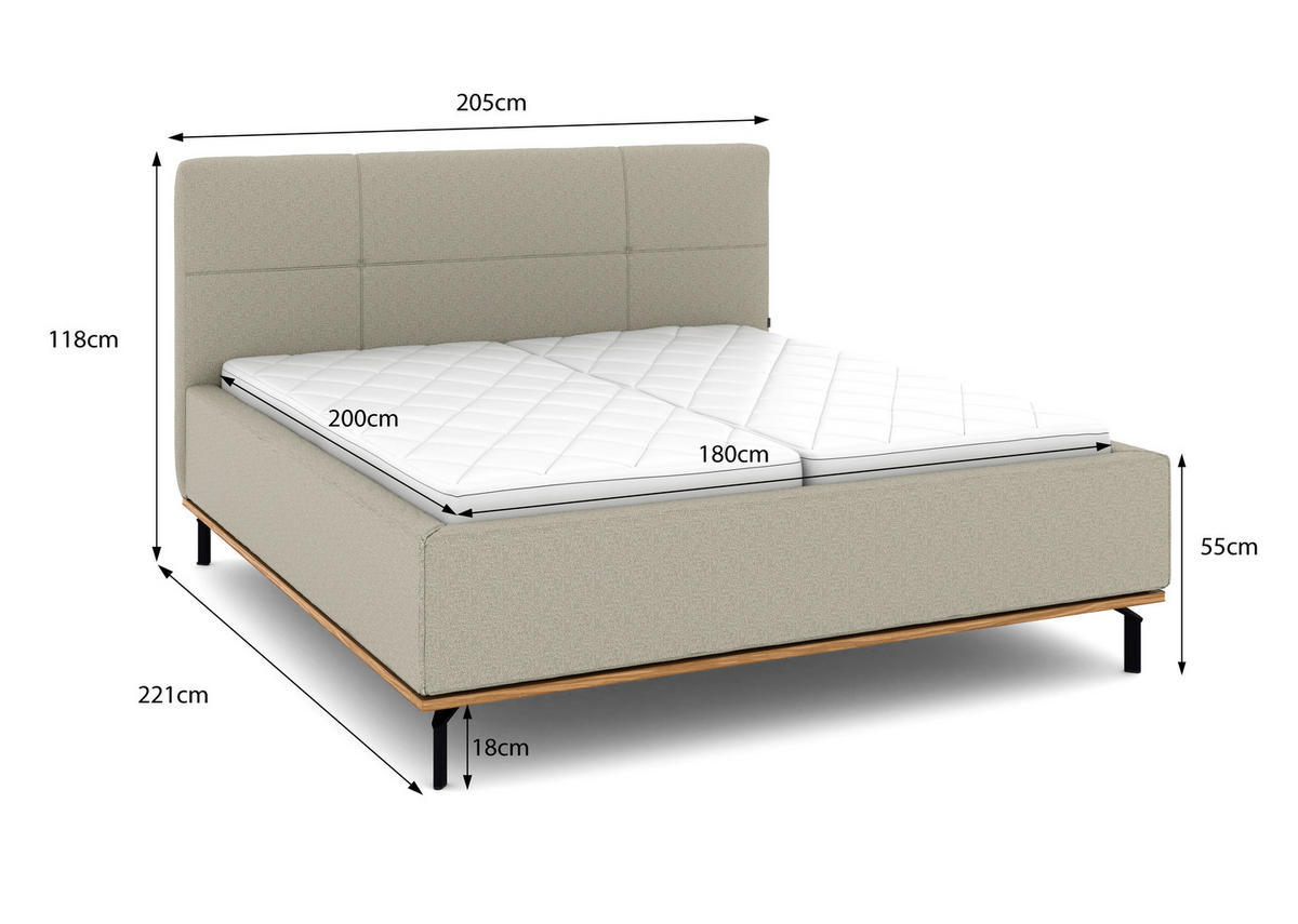 POLSTERBETT 180/200 cm,  in Hellgrau, Matratze, Lattenrost, Bettkasten, H3 + H3 = fest  - Hellgrau/Graphitfarben, Design, Holz/Textil (180/200cm) - Musterring